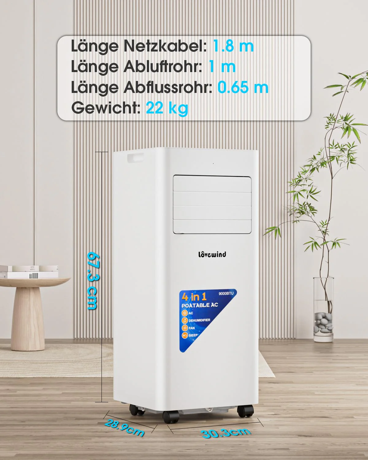 Lovewind Mobiles Klimagerät 9000 BTU (Eco R290), Leise 52 dB, Tragbare Klimaanlage mit Fernbedienung, 4-in-1 Kühlung, Entfeuchtung, Belüftung und Schlafen, IPX1 für Innenräume Büro - Image 6