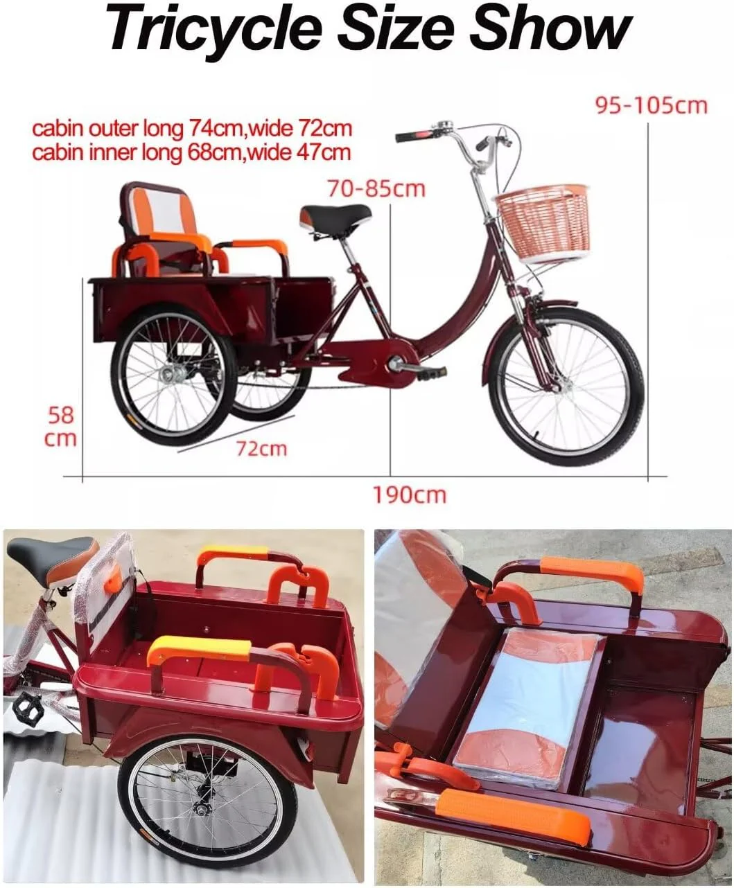 LSQXSS Outdoor-Cruiser-Fahrräder mit hinterer Kabine, älteres Roller-Dreirad mit hinterem Beifahrersitz, Freizeit-Einkaufswagen-Rikscha-Tretfahrrad für Erwachsene, Stoßdämpfer-Vordergabel - Image 11