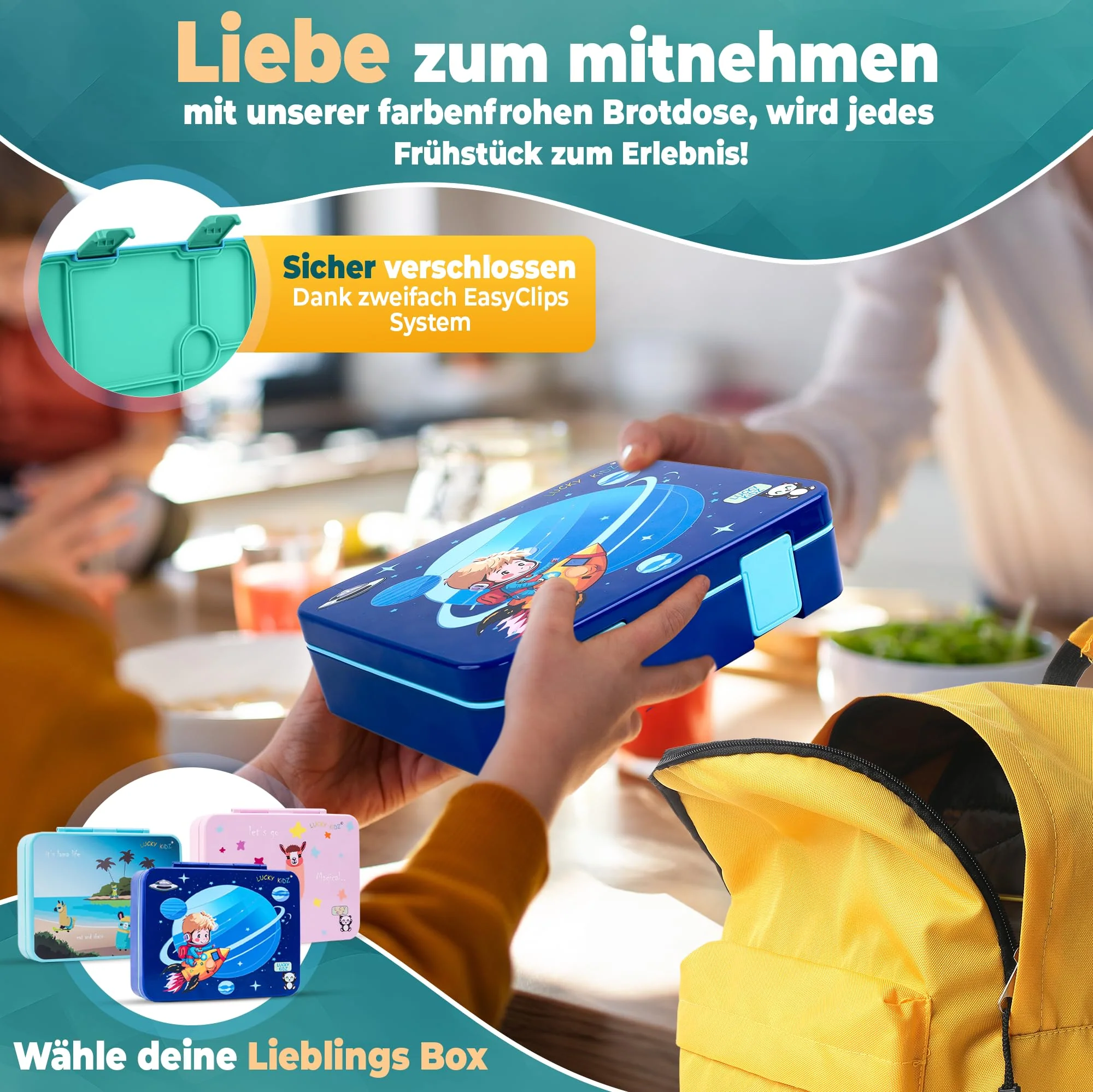 LUCKY KIDZ© Brotdose Kinder mit Fächern, Bento Box, Brotdose mit Fächern, Auslaufsicher & BPA frei, Lunchbox Kinder, Vesperbox, Jausenbox, Brotdosen, Lunch Box, Brotzeitbox, Frühstücksbox - Image 3