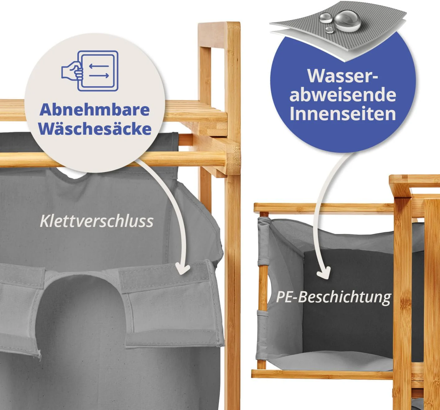 Lumaland Wäschekorb Bambus mit 2 ausziehbaren Wäschesäcken | Pflegeleichtes Material, unempfindlich gegen Nässe und leicht abwischbar | Höhe ca. 73cm x 64cm Breite x 33cm Tiefe [Dunkelgrau] - Image 13