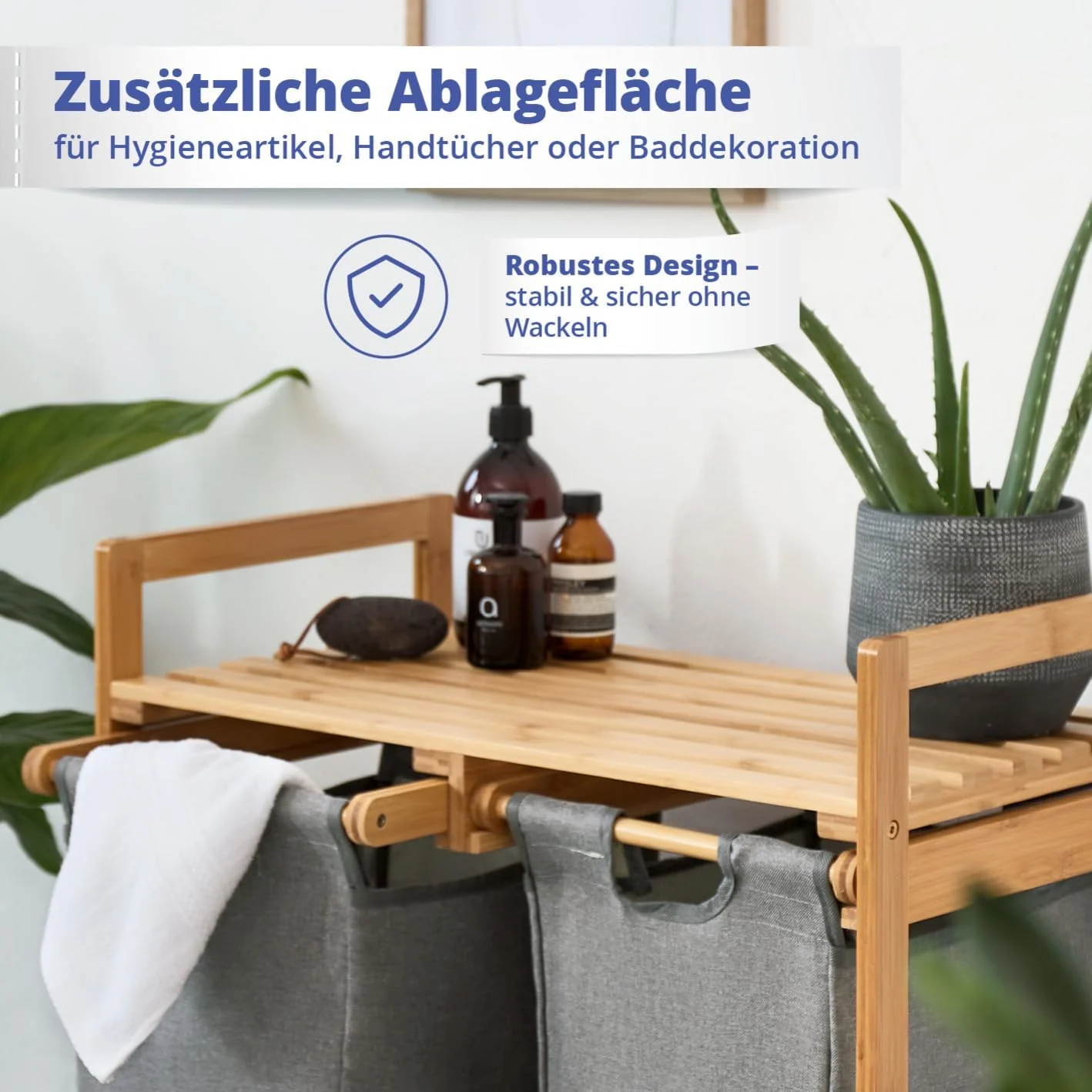 Lumaland Wäschekorb Bambus mit 2 ausziehbaren Wäschesäcken | Pflegeleichtes Material, unempfindlich gegen Nässe und leicht abwischbar | Höhe ca. 73cm x 64cm Breite x 33cm Tiefe [Dunkelgrau] - Image 4