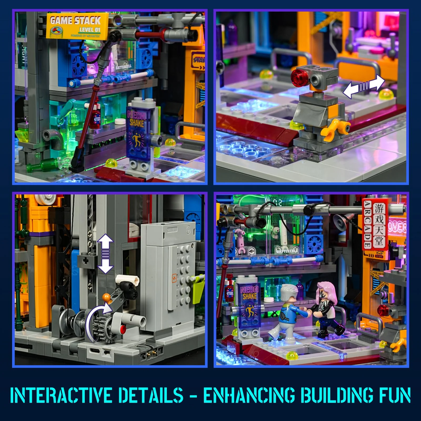 Lumibricks Cyberpunk Spielhalle Licht Bausteine Set – 2580 Klemmbausteine, Modulares Gebäude mit abnehmbaren Mechanismen, Geschenkidee für Erwachsene & Sci-Fi Fans - Image 5