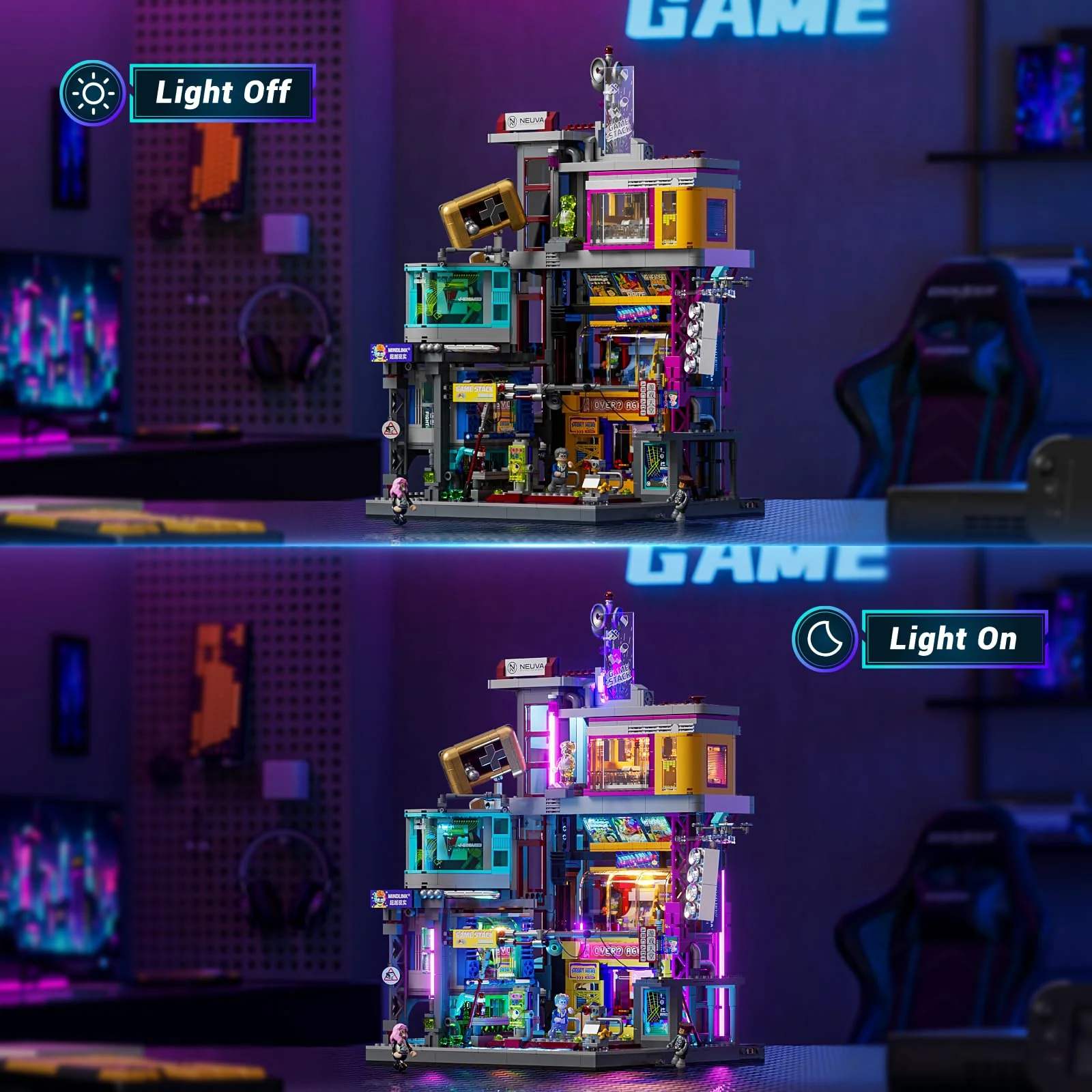 Lumibricks Cyberpunk Spielhalle Licht Bausteine Set – 2580 Klemmbausteine, Modulares Gebäude mit abnehmbaren Mechanismen, Geschenkidee für Erwachsene & Sci-Fi Fans - Image 8