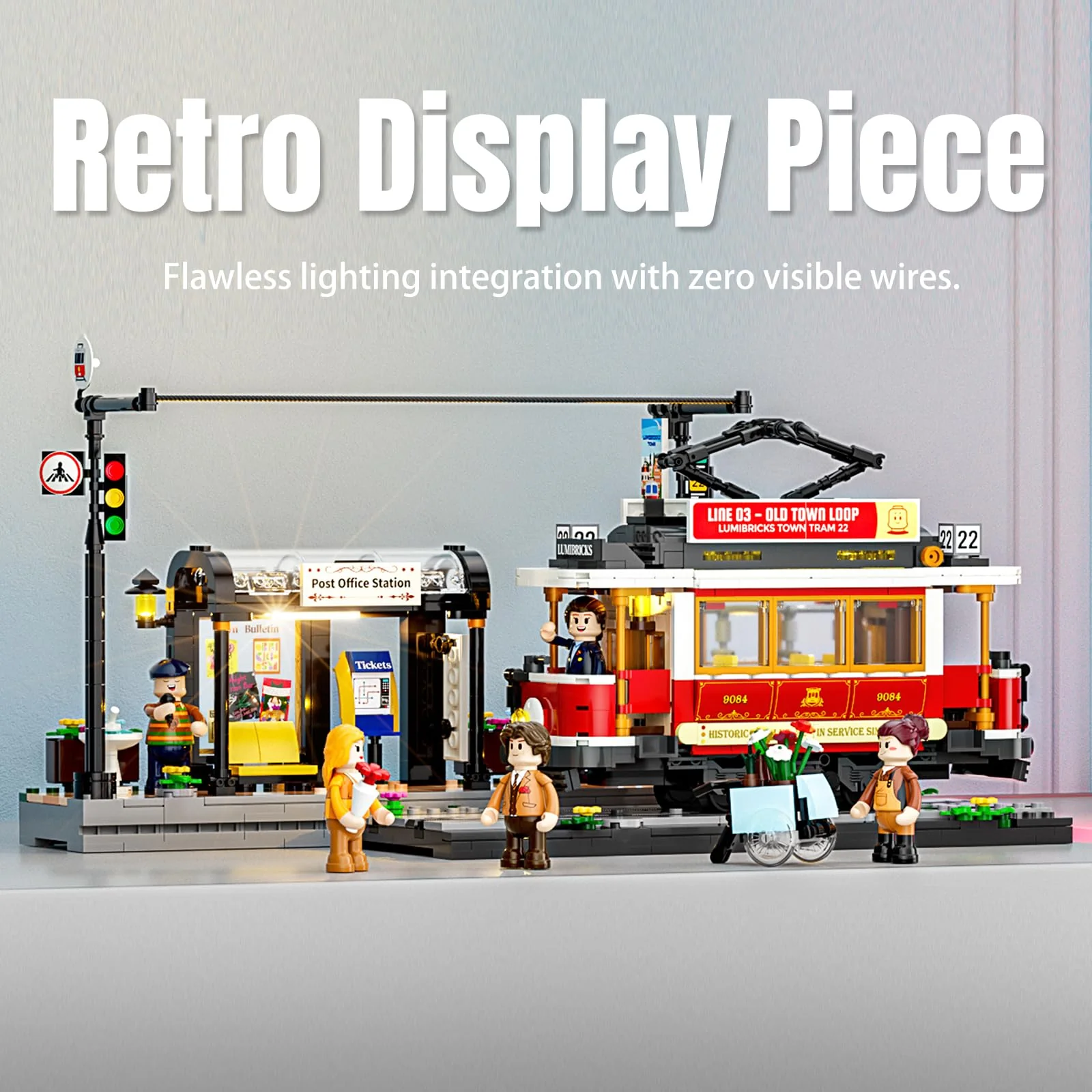 Lumibricks Heritage-Straßenbahn und -Haltestelle Bausatz mit Licht, Vintage-Dekor, mit 2 Szenen: Straßenbahn und Bar-Wagen, kompatibel mit Modular Buildings,1274Pcs,Alter 16+, L9084 - Image 3