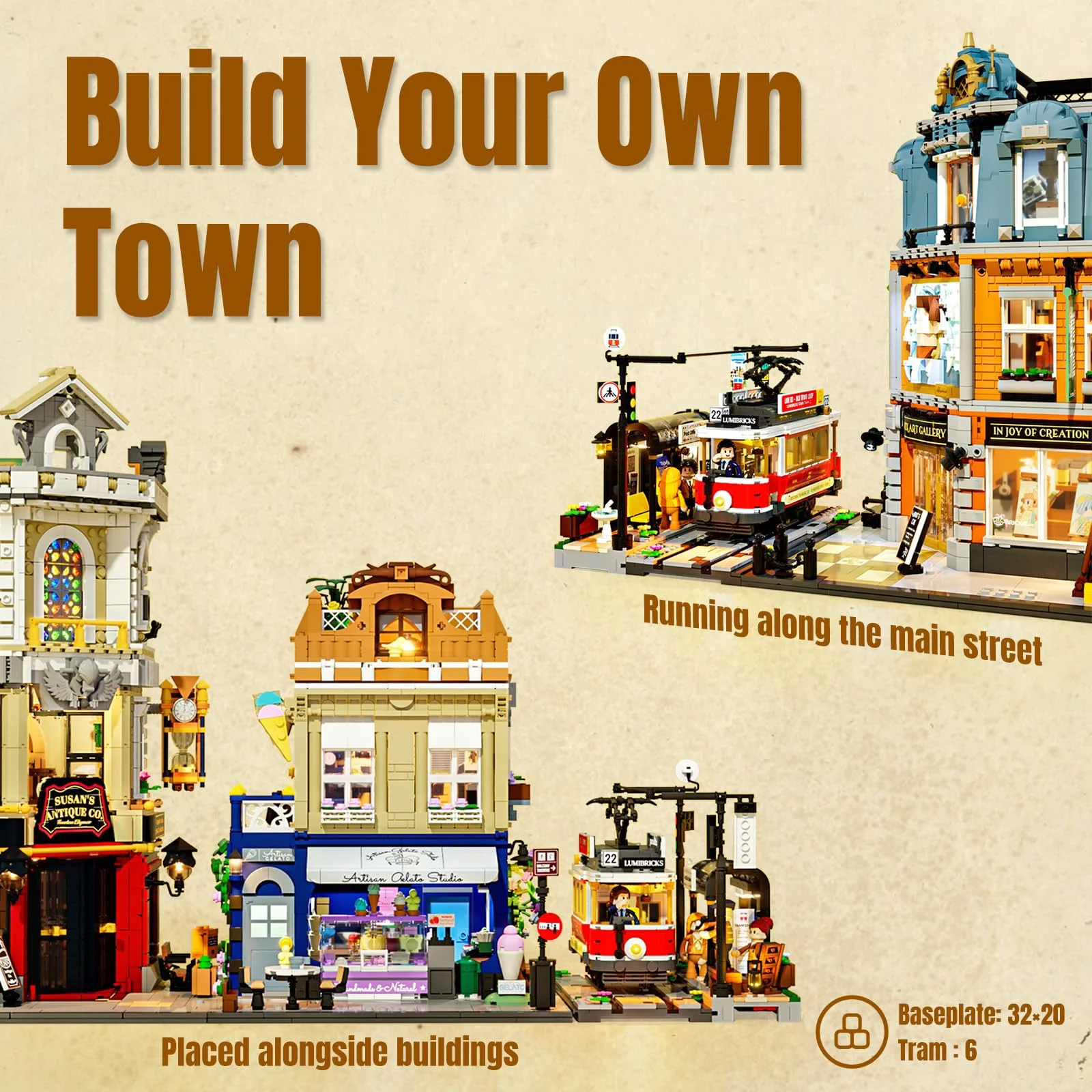 Lumibricks Heritage-Straßenbahn und -Haltestelle Bausatz mit Licht, Vintage-Dekor, mit 2 Szenen: Straßenbahn und Bar-Wagen, kompatibel mit Modular Buildings,1274Pcs,Alter 16+, L9084 - Image 4