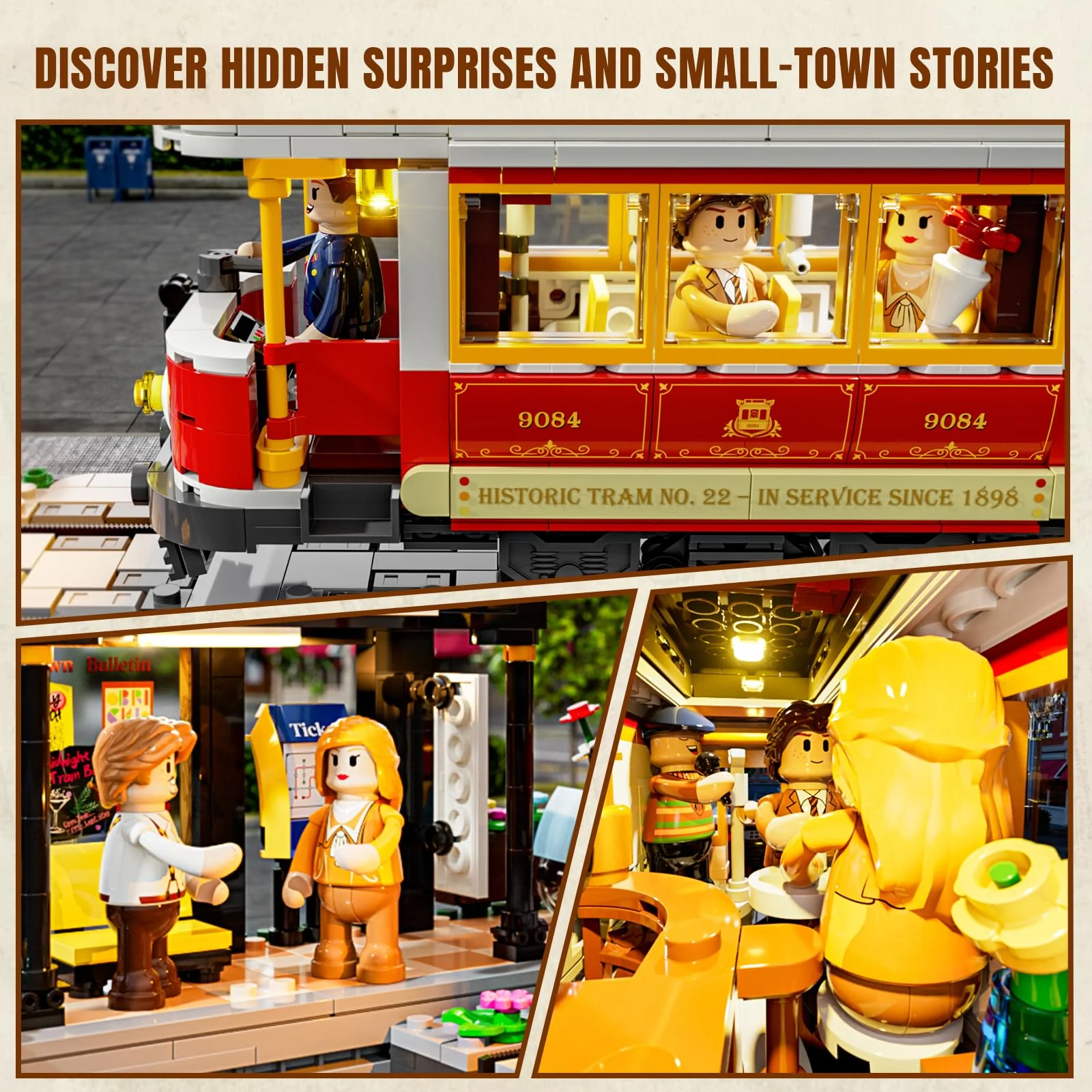 Lumibricks Heritage-Straßenbahn und -Haltestelle Bausatz mit Licht, Vintage-Dekor, mit 2 Szenen: Straßenbahn und Bar-Wagen, kompatibel mit Modular Buildings,1274Pcs,Alter 16+, L9084 - Image 5