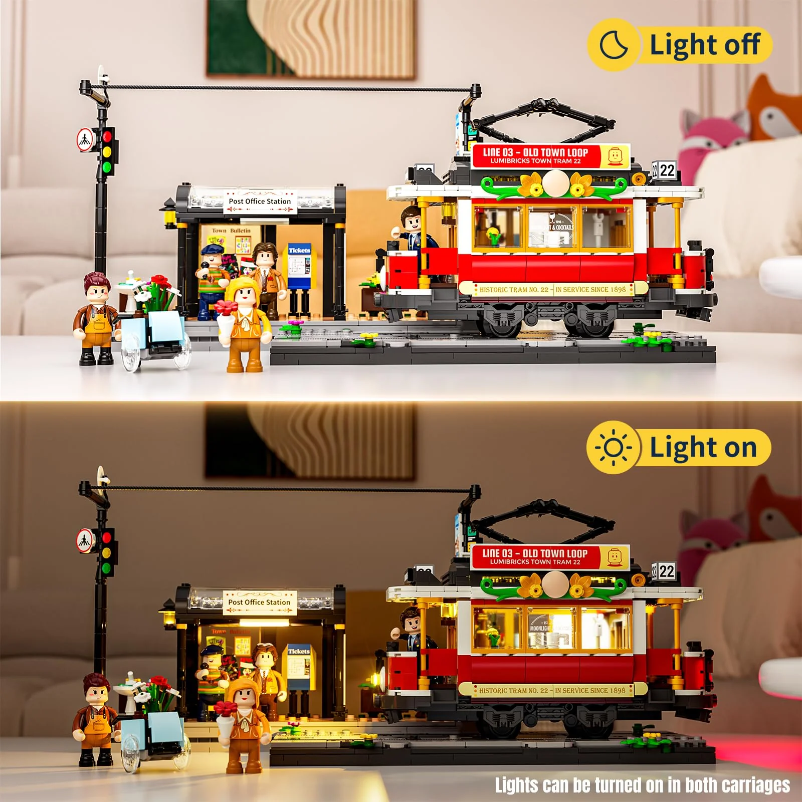Lumibricks Heritage-Straßenbahn und -Haltestelle Bausatz mit Licht, Vintage-Dekor, mit 2 Szenen: Straßenbahn und Bar-Wagen, kompatibel mit Modular Buildings,1274Pcs,Alter 16+, L9084 - Image 7