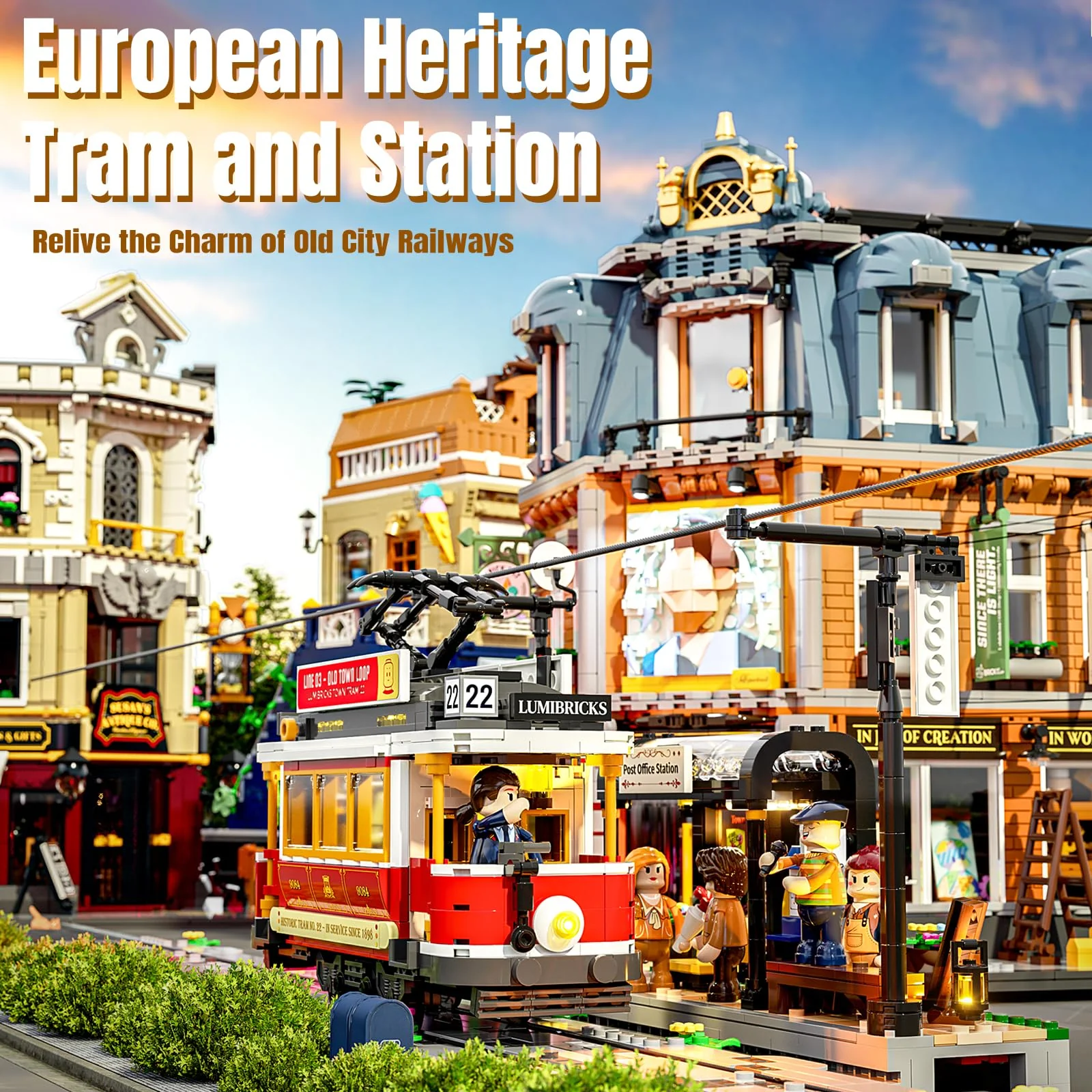 Lumibricks Heritage-Straßenbahn und -Haltestelle Bausatz mit Licht, Vintage-Dekor, mit 2 Szenen: Straßenbahn und Bar-Wagen, kompatibel mit Modular Buildings,1274Pcs,Alter 16+, L9084 - Image 8