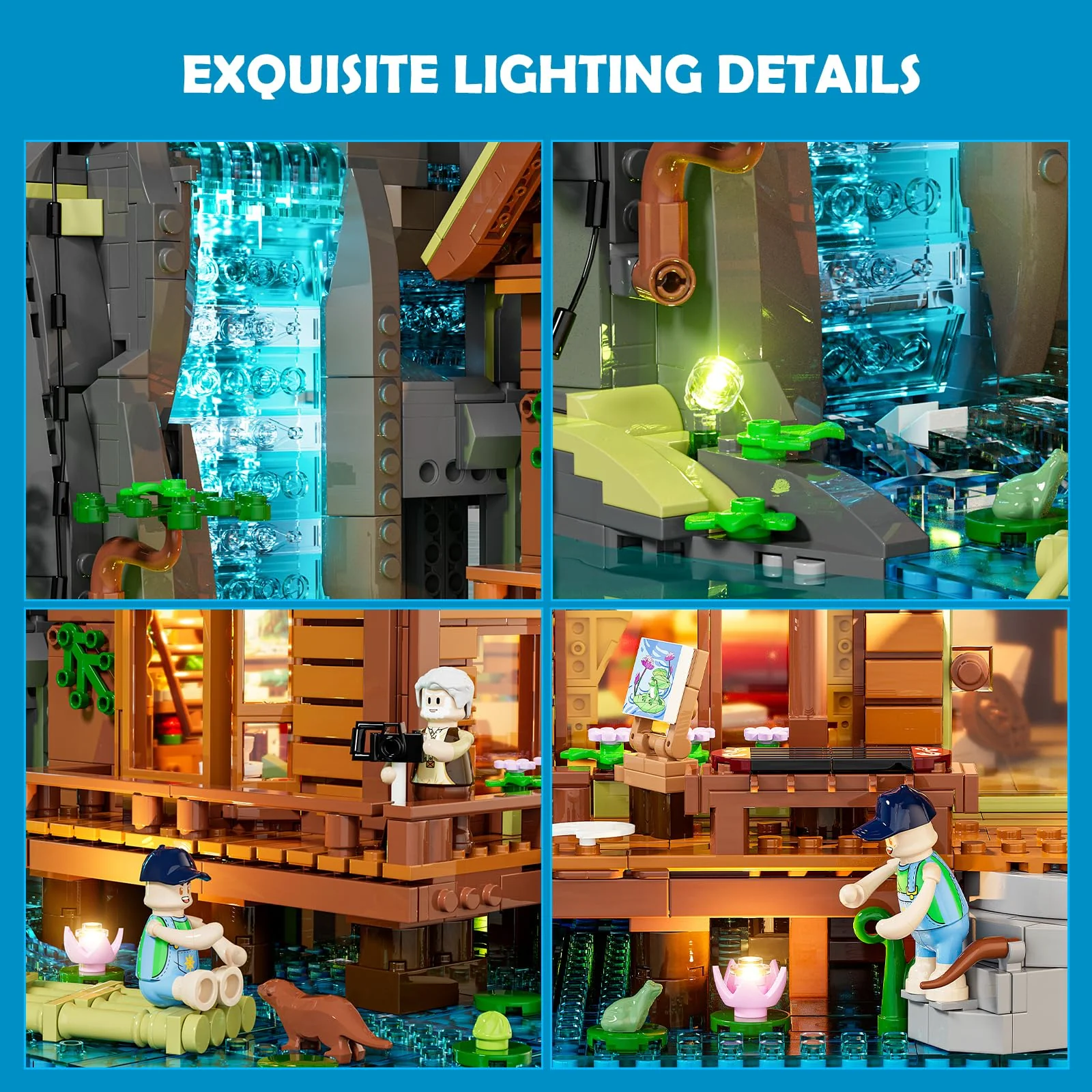 Lumibricks Waterfall Cabin Bauset mit Licht – 2539 Teile Retro Holzhaus mit beweglichem Wasserfall & Naturkulisse, Sammlerstück für Erwachsene - Image 6