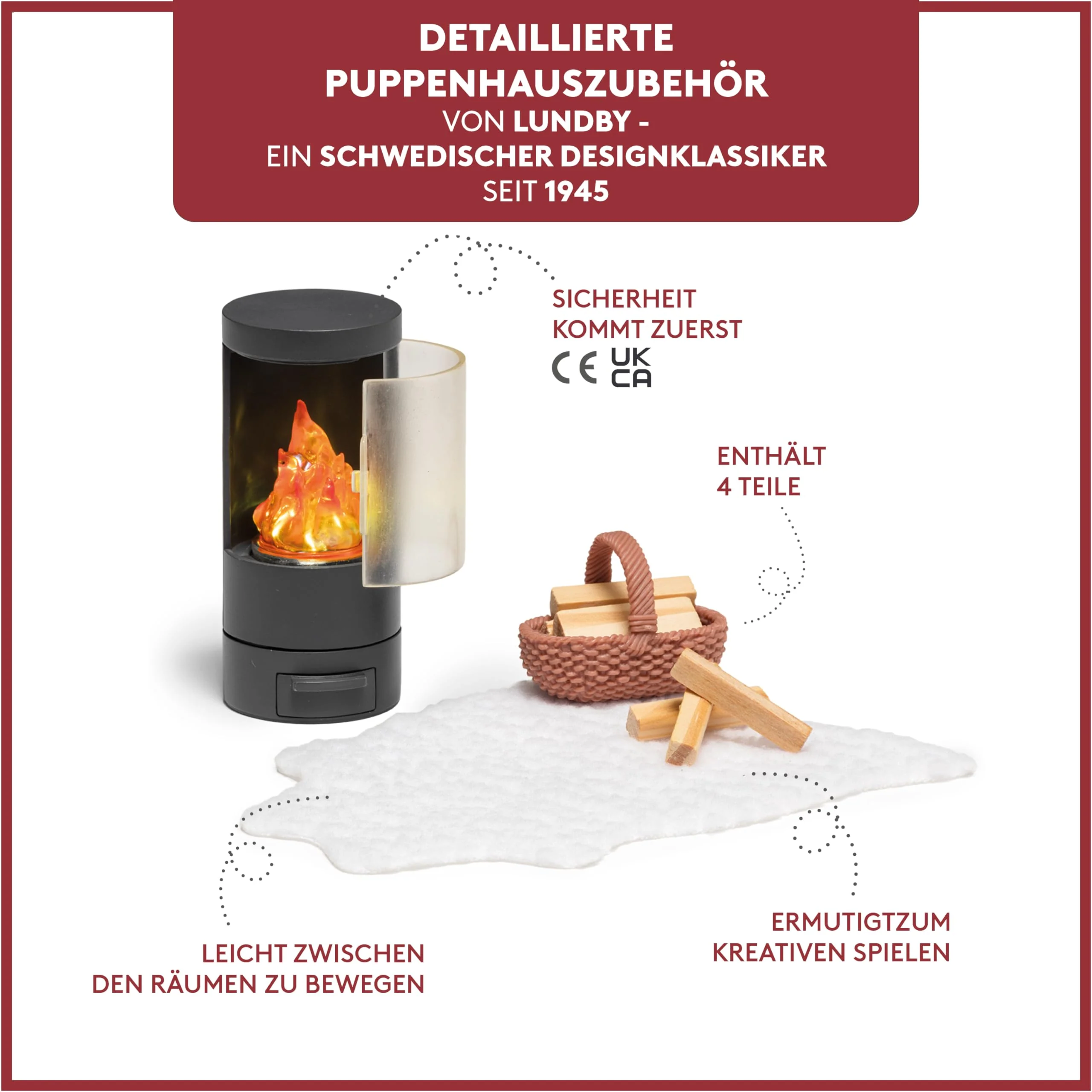 Lundby Puppenhaus - Miniatur Kamin Puppenmöbel mit LED Beleuchtung - Einrichtung Puppenhaus Möbel Set - Wohnzimmer - Zubehör - 11cm Puppen 1:18 - Image 5