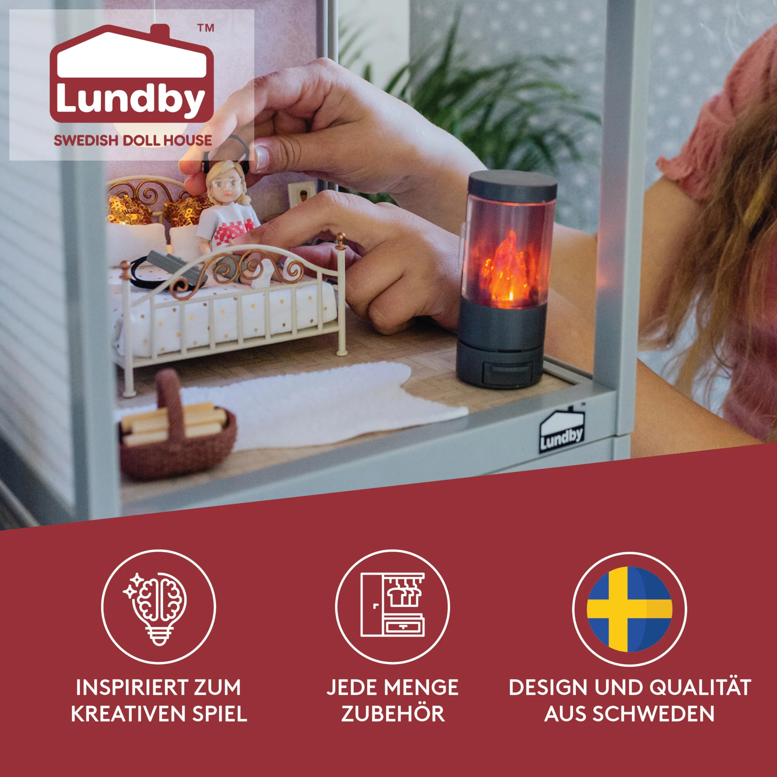 Lundby Puppenhaus - Miniatur Kamin Puppenmöbel mit LED Beleuchtung - Einrichtung Puppenhaus Möbel Set - Wohnzimmer - Zubehör - 11cm Puppen 1:18 - Image 6