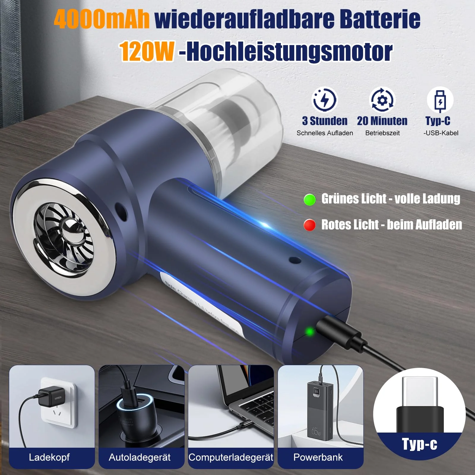 Lupxiu Handstaubsauger 12000Pa Auto Staubsauger Stark Kabellos Handstaubsauger 3-in-1, Akkusauger Mini Staubsauger für den Auto,Haus,Küche,Tierhaare - Image 4