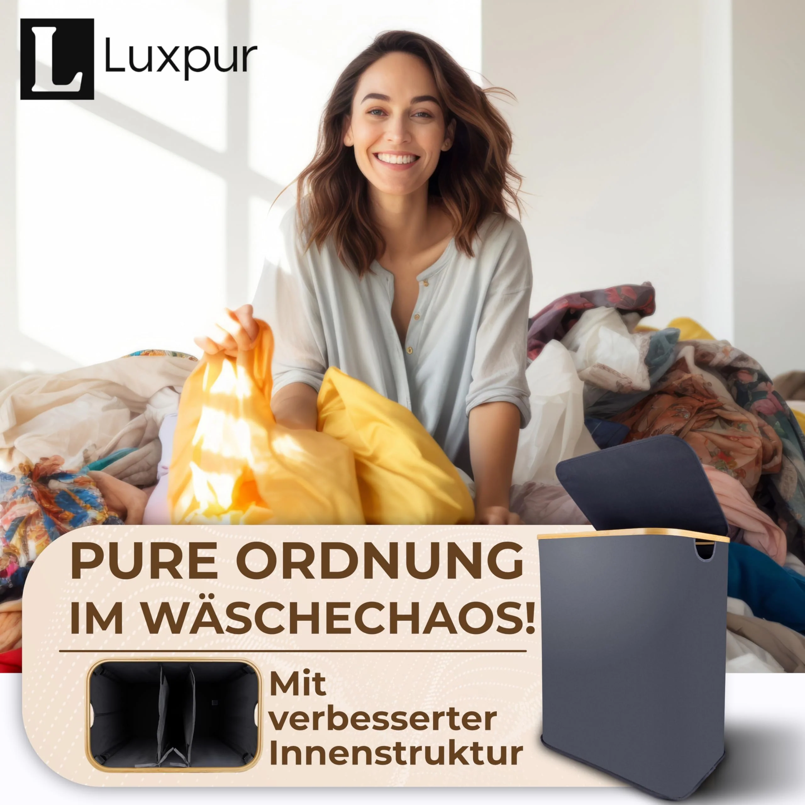 Luxpur® Wäschekorb XXL mit Deckel 3 Fächer Wäschesack Bambus Wäsche-Sortier-System Faltbare Wäschebox Wäschesammler Wäschetrenner Wäschetruhe Laundry Basket - Image 2