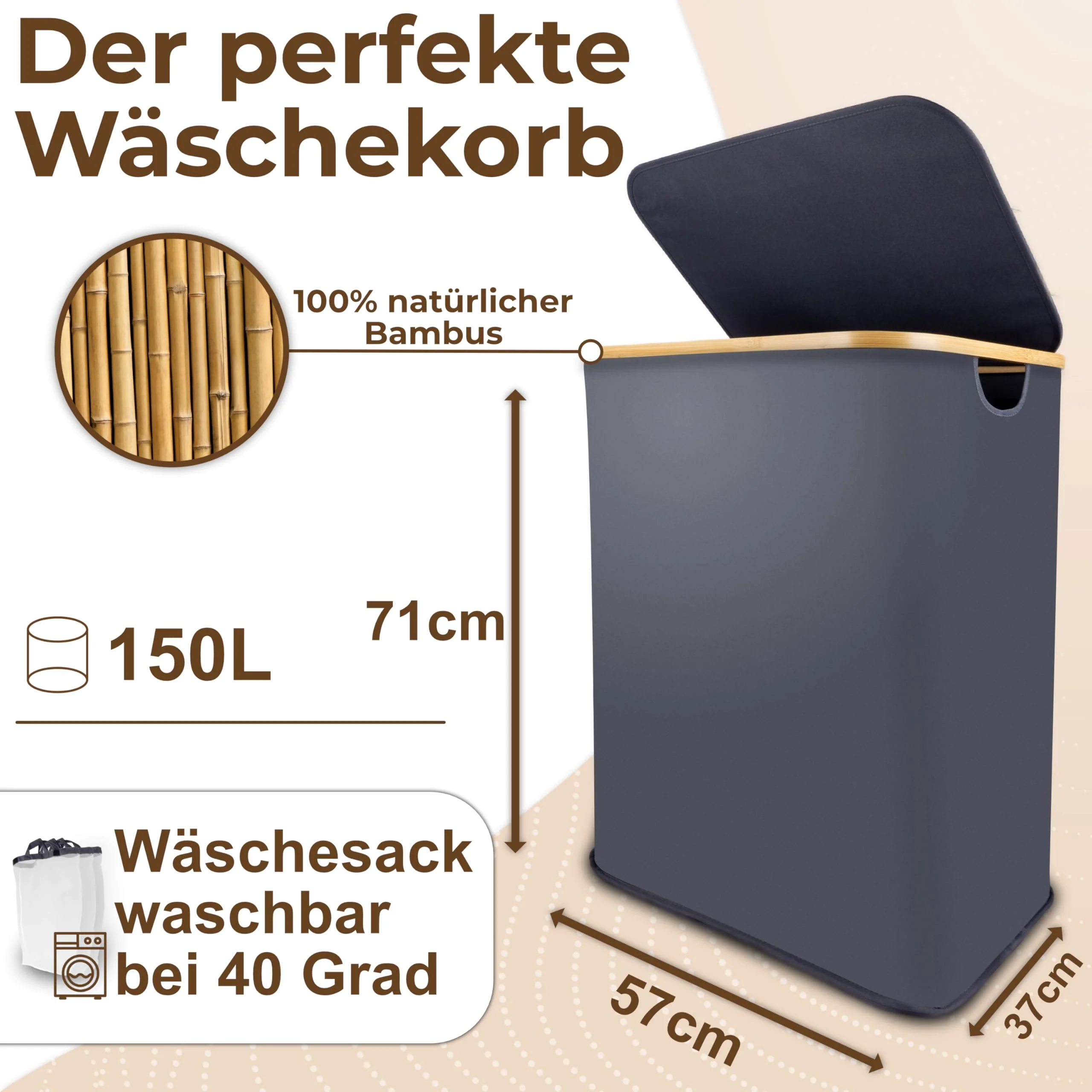Luxpur® Wäschekorb XXL mit Deckel 3 Fächer Wäschesack Bambus Wäsche-Sortier-System Faltbare Wäschebox Wäschesammler Wäschetrenner Wäschetruhe Laundry Basket - Image 3