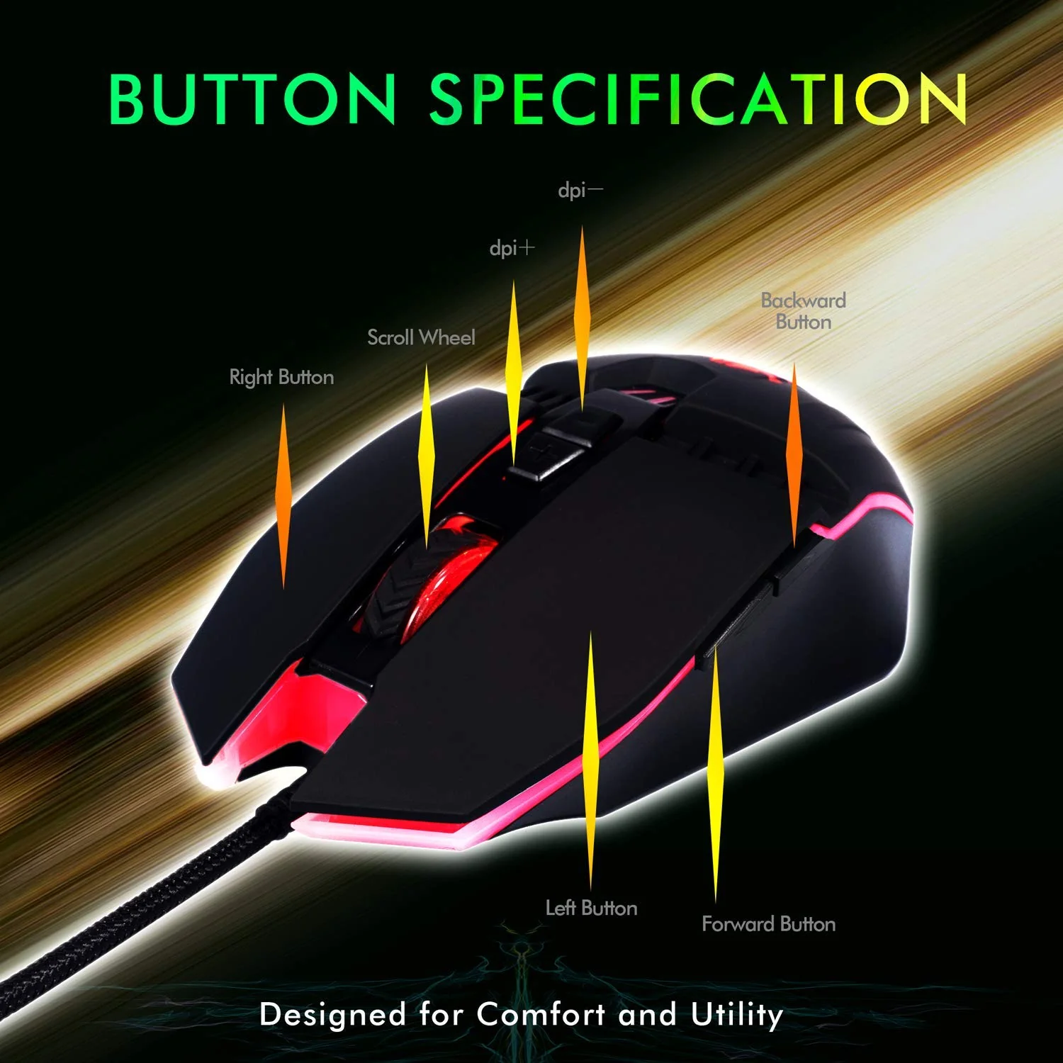 LYCANDER LMC378 Gaming-Maus, kabelgebunden, Optische USB-Mäuse mit Einstellbarer Dpi, bis zu 6400, 7 Tasten, LED, 1, 5 m Kabel