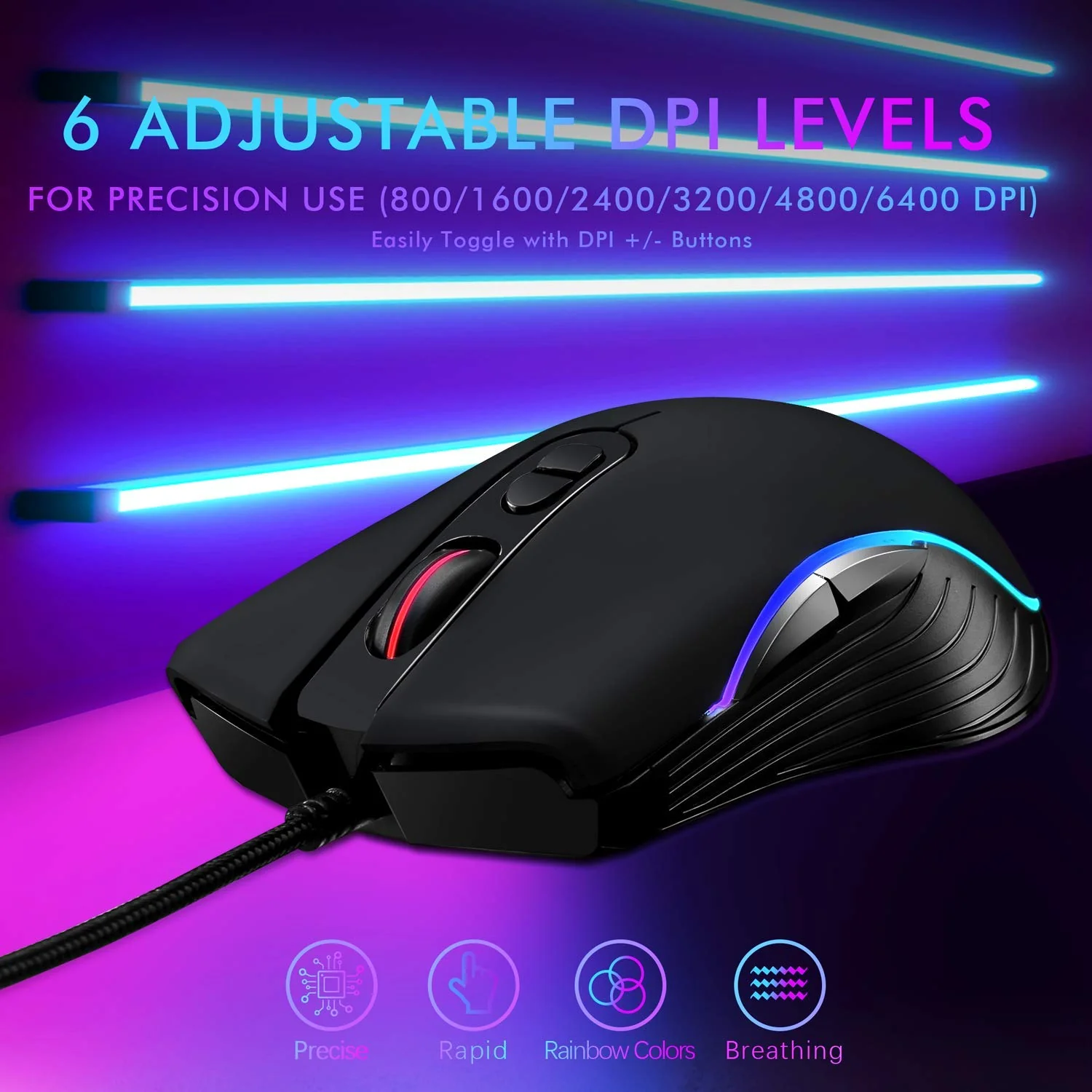 LYCANDER LMC380 Gaming-Maus, kabelgebunden, Optische USB-Mäuse mit Einstellbarer Dpi, bis zu 6400, 7 Tasten, LED, 1, 5 m Kabel - Image 3