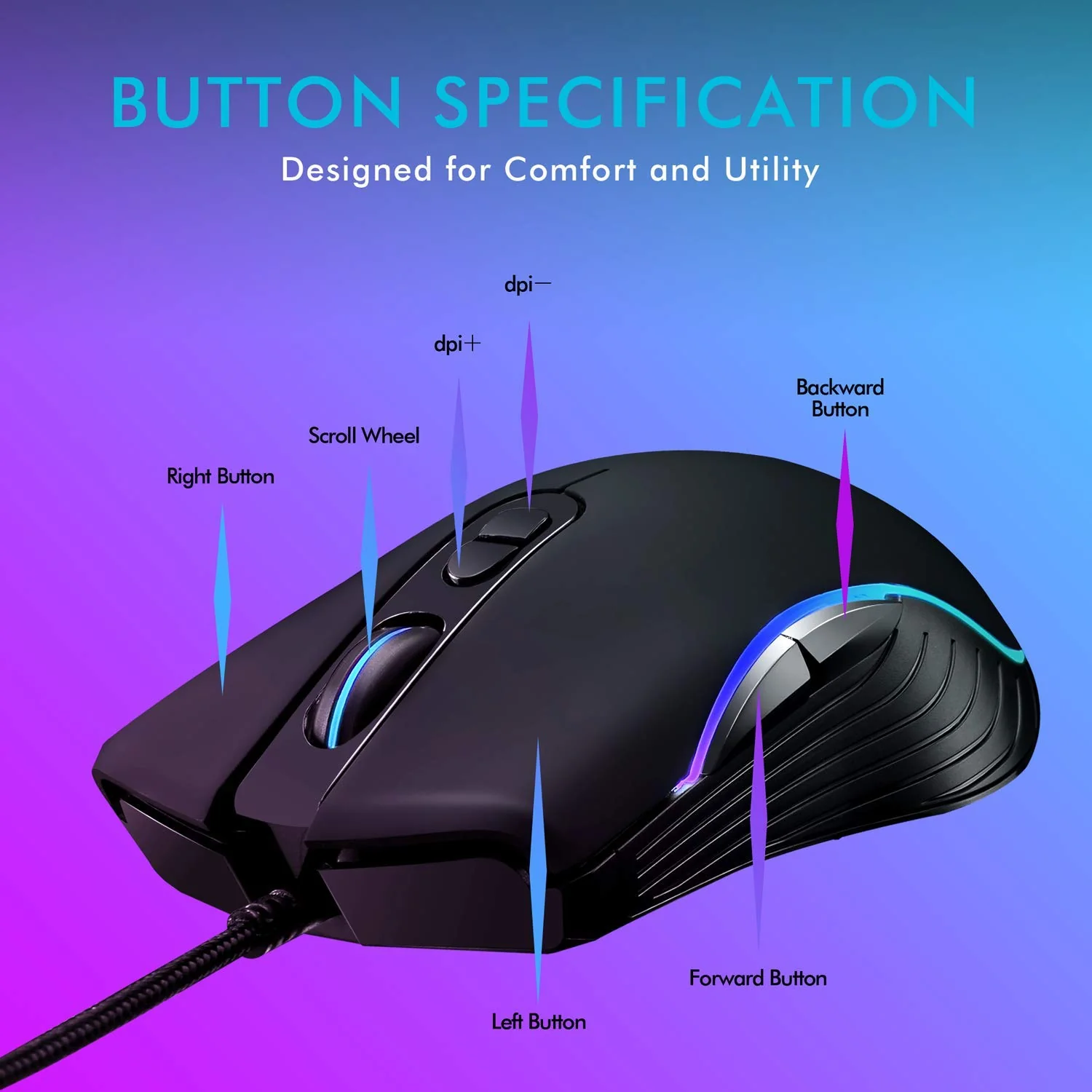 LYCANDER LMC380 Gaming-Maus, kabelgebunden, Optische USB-Mäuse mit Einstellbarer Dpi, bis zu 6400, 7 Tasten, LED, 1, 5 m Kabel - Image 5