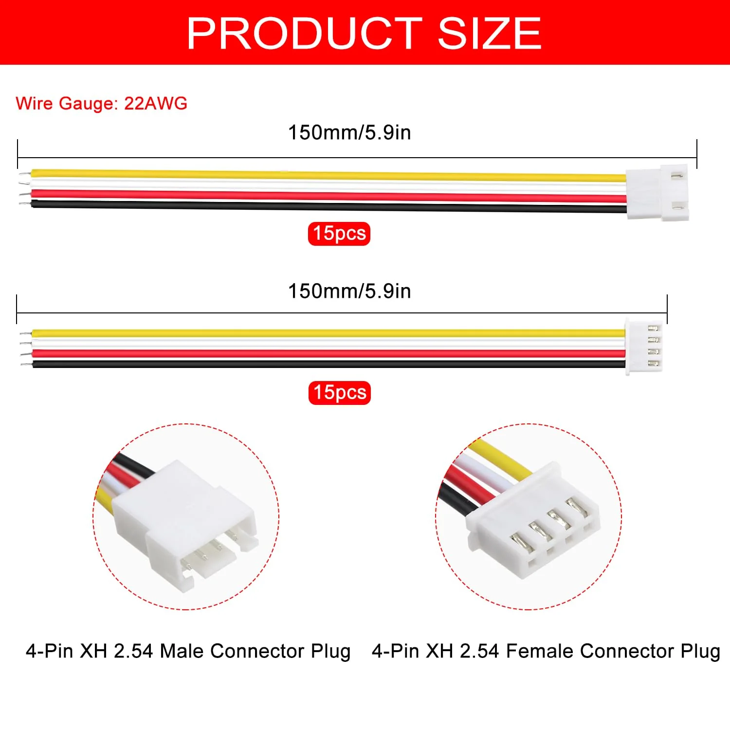 Lyeteung 15 Paar JST 2.54 XH 4 Pin Steckverbinder, Mini Micro JST XH 2.54 mm 4-Polige Buchse und Stecker mit 150mm 22AWG Kabeldraht - Image 6