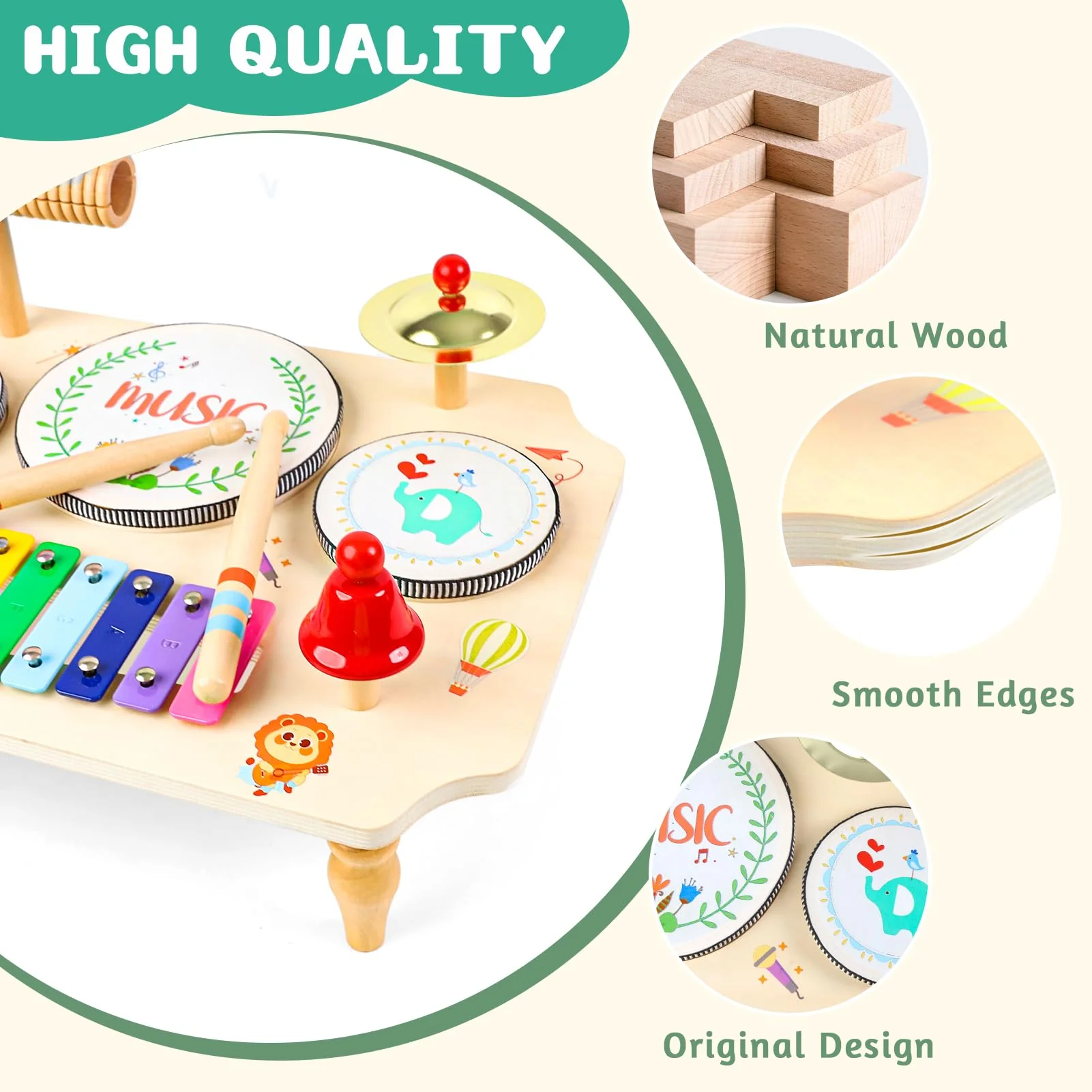 LZDMY Schlagzeug Kinder, 11-in-1 Trommel Musikinstrumente für Kinder ab 1 2 3 Jahr mit Xylophon, Kinderspielzeug Holzspielzeug für Ostern Weihnacht Geschenk Junge Mädchen - Image 4