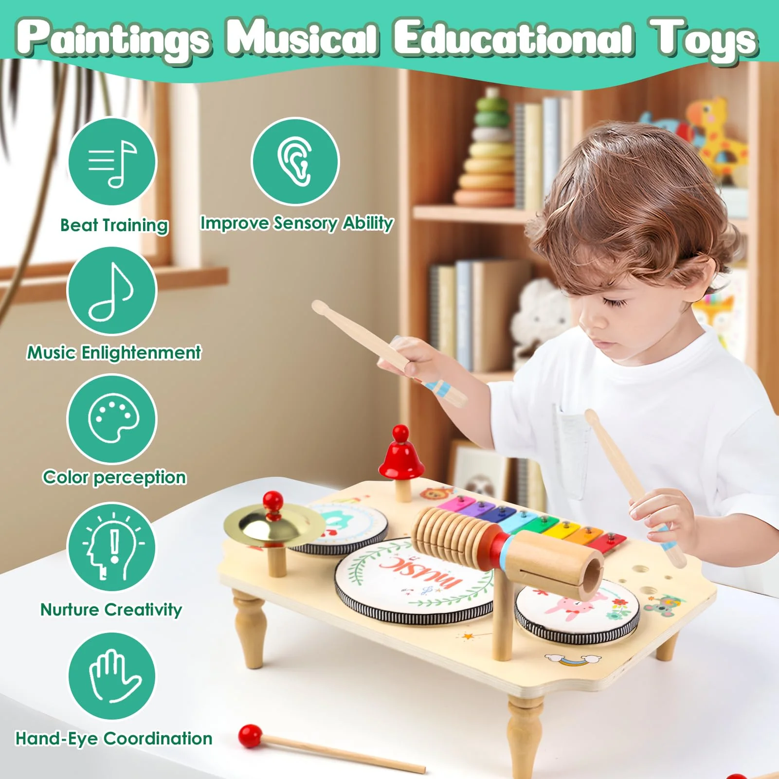 LZDMY Schlagzeug Kinder, 11-in-1 Trommel Musikinstrumente für Kinder ab 1 2 3 Jahr mit Xylophon, Kinderspielzeug Holzspielzeug für Ostern Weihnacht Geschenk Junge Mädchen - Image 7
