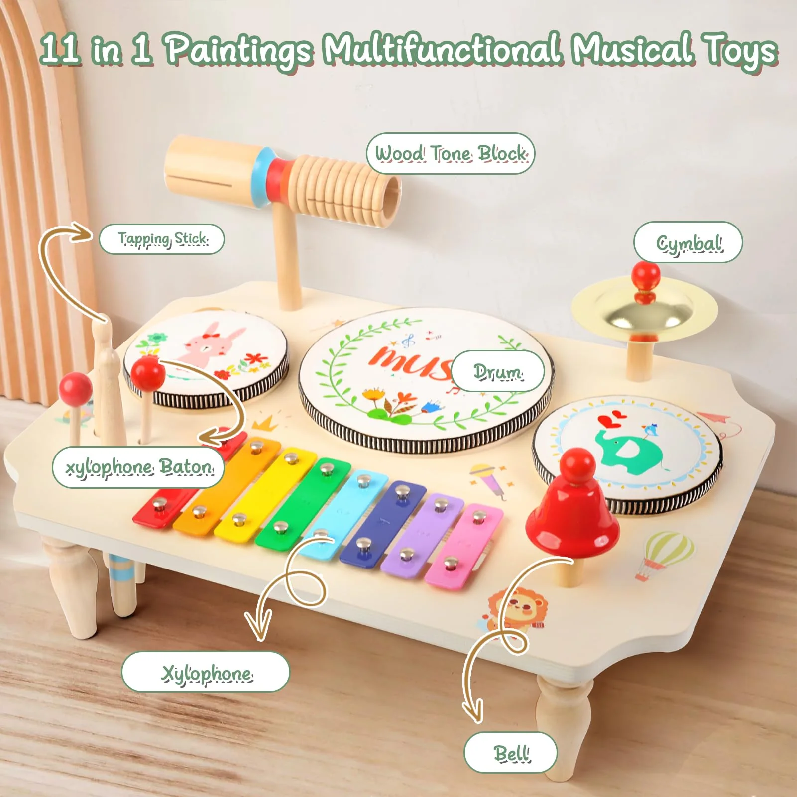 LZDMY Schlagzeug Kinder, 11-in-1 Trommel Musikinstrumente für Kinder ab 1 2 3 Jahr mit Xylophon, Kinderspielzeug Holzspielzeug für Ostern Weihnacht Geschenk Junge Mädchen - Image 8