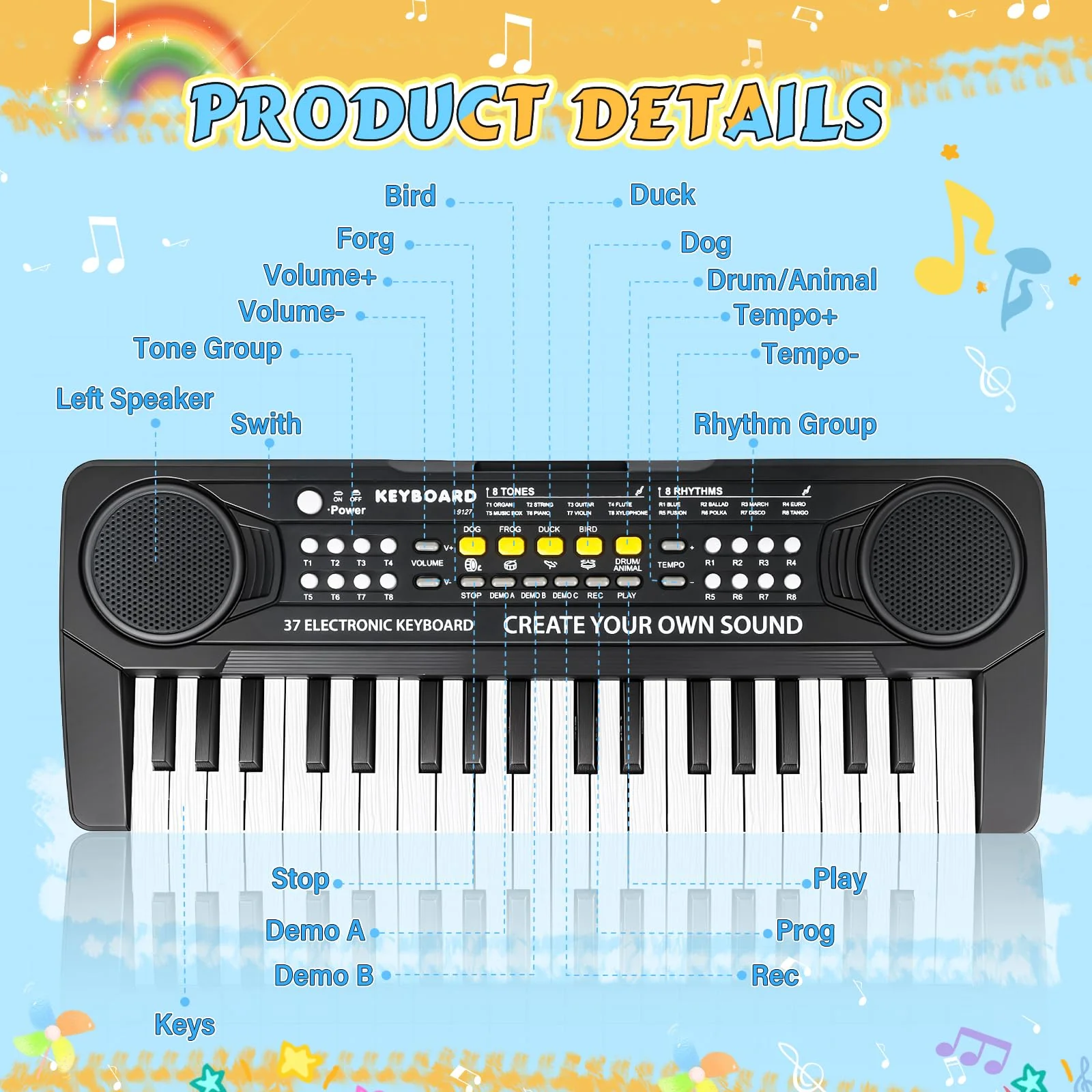 m zimoon Keyboard Kinder mit Mikrofon, Tragbare Multifunktions Kinder Keyboard 37 Tasten ab 3 Jahre, Musikspielzeug Klaviertastatur Lernspielzeug Geschenk für Jungen Mädchen 3 4 5 6 Jahre - Image 3