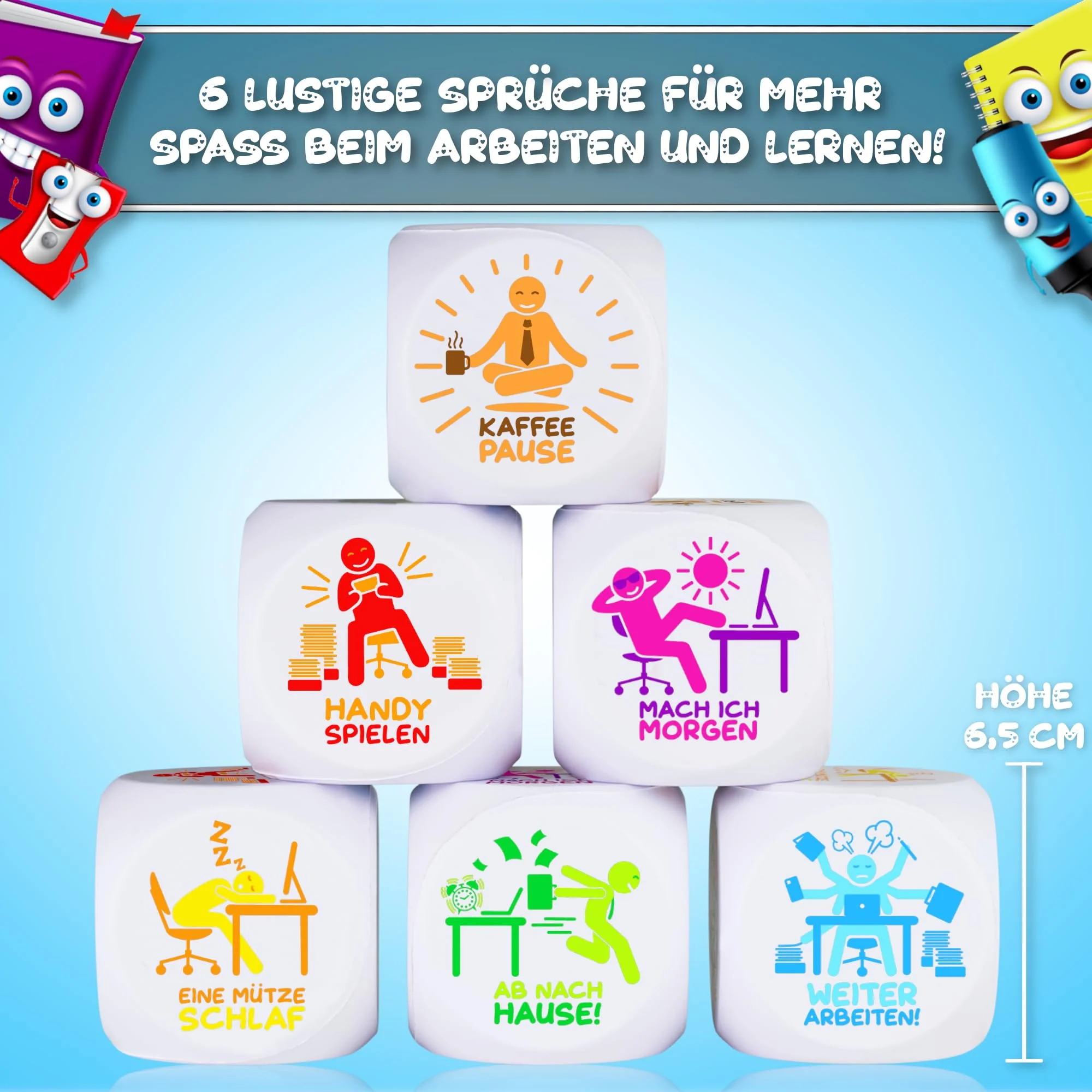 MACH MAL PAUSE® Anti Stress Würfel - der Bunte Stresswürfel mit 6 lustigen Aktionen zum Stressabbau ist das Geschenk für Kollegen Studenten Freunde - Büro Spielzeug für Mitarbeiter ohne Nerven - Image 5