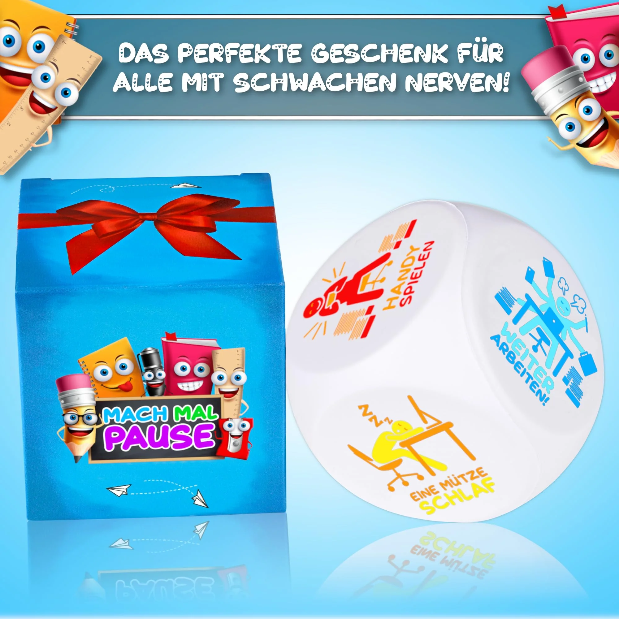MACH MAL PAUSE® Anti Stress Würfel - der Bunte Stresswürfel mit 6 lustigen Aktionen zum Stressabbau ist das Geschenk für Kollegen Studenten Freunde - Büro Spielzeug für Mitarbeiter ohne Nerven - Image 6
