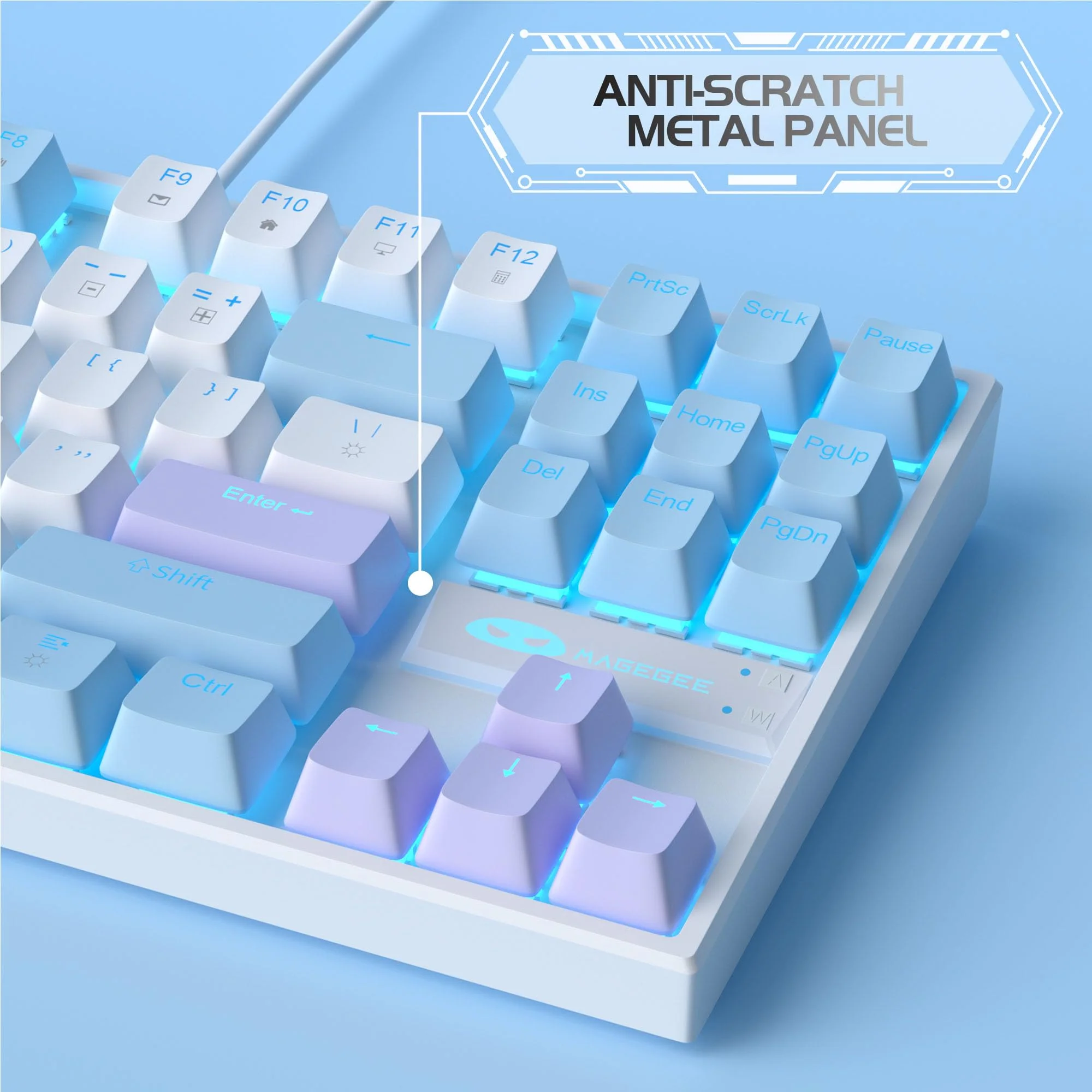 MageGee 75% Mechanische Gaming-Tastatur mit rotem Schalter, LED-Tastatur mit blauer Hintergrundbeleuchtung, kompakte TKL kabelgebundene Computertastatur für Windows Laptop PC Gamer,Weiß/Blau