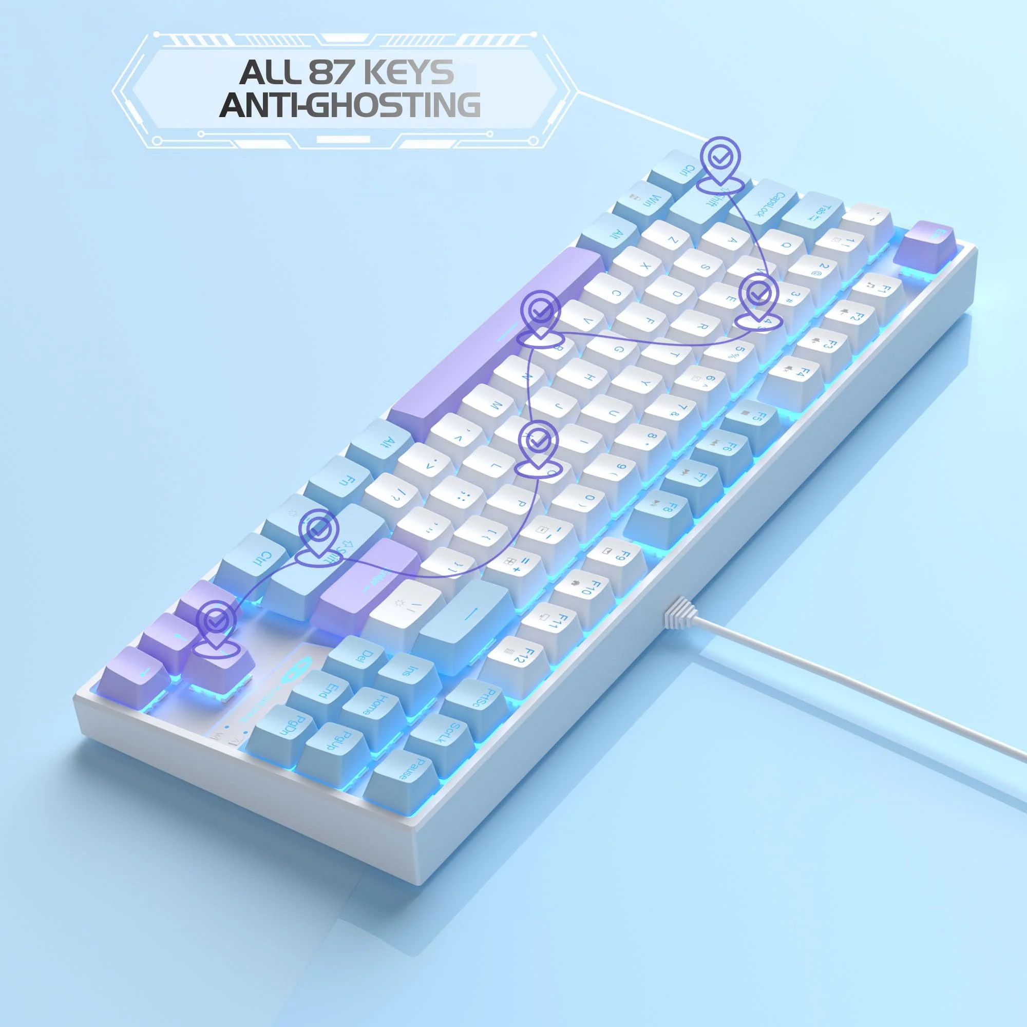 MageGee 75% Mechanische Gaming-Tastatur mit rotem Schalter, LED-Tastatur mit blauer Hintergrundbeleuchtung, kompakte TKL kabelgebundene Computertastatur für Windows Laptop PC Gamer,Weiß/Blau - Image 4
