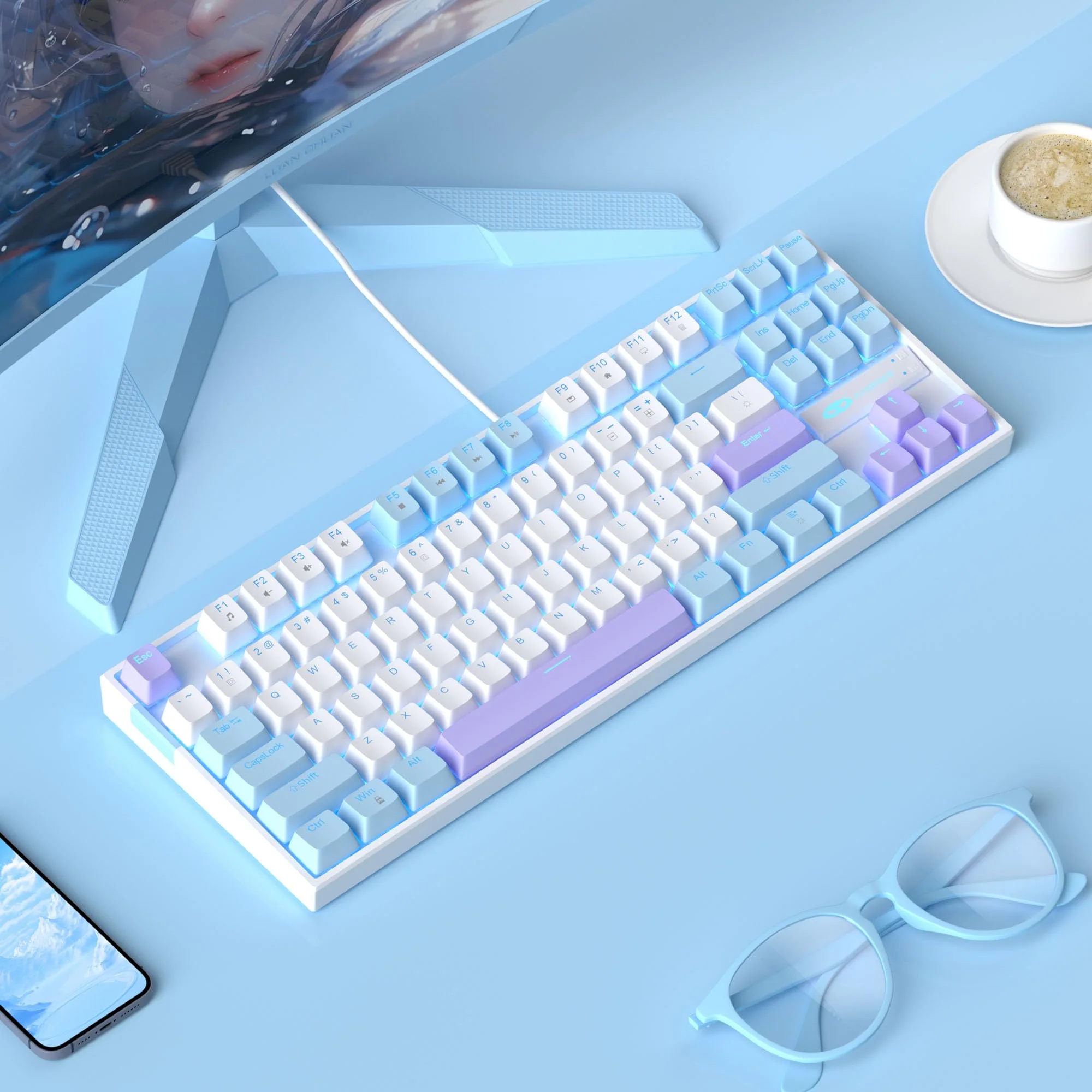 MageGee 75% Mechanische Gaming-Tastatur mit rotem Schalter, LED-Tastatur mit blauer Hintergrundbeleuchtung, kompakte TKL kabelgebundene Computertastatur für Windows Laptop PC Gamer,Weiß/Blau - Image 6