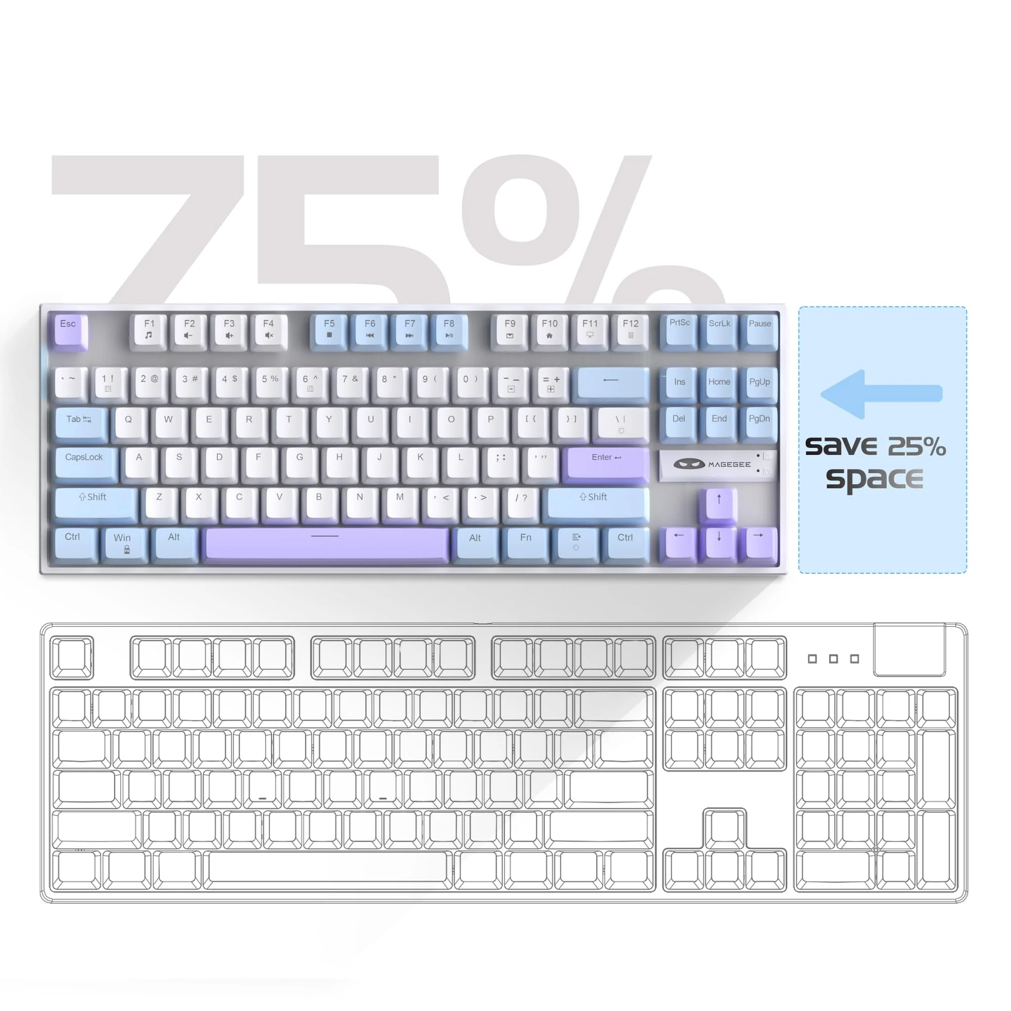 MageGee 75% Mechanische Gaming-Tastatur mit rotem Schalter, LED-Tastatur mit blauer Hintergrundbeleuchtung, kompakte TKL kabelgebundene Computertastatur für Windows Laptop PC Gamer,Weiß/Blau - Image 9