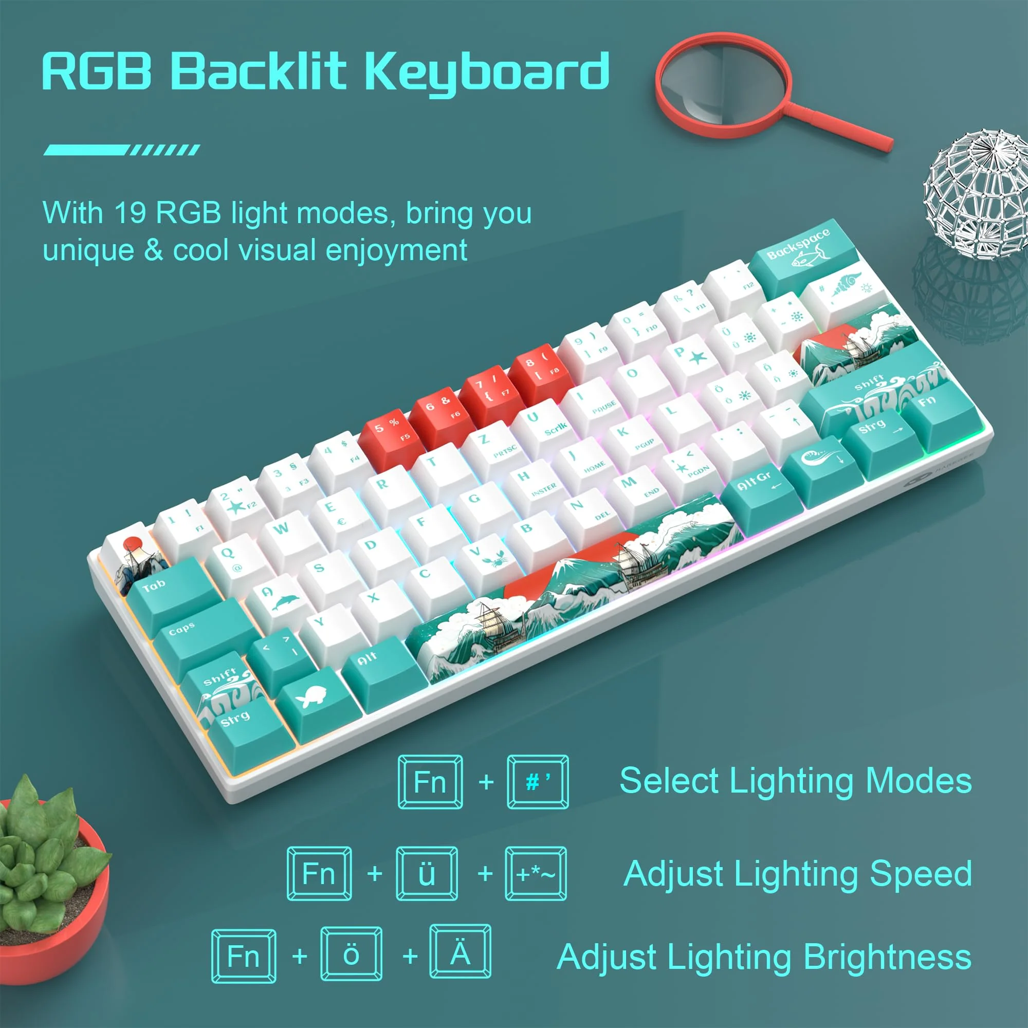 MageGee MK-STAR61 60% Mechanische Tastatur DE Layout, Hot-Swap-fähige kabelgebundene RGB-Gaming-Tastatur mit Farbstoff-Sublimationstastenkappen, vorgeölten Schaltern, Eva-Schaum für Mac/Win (Wellen) - Image 5