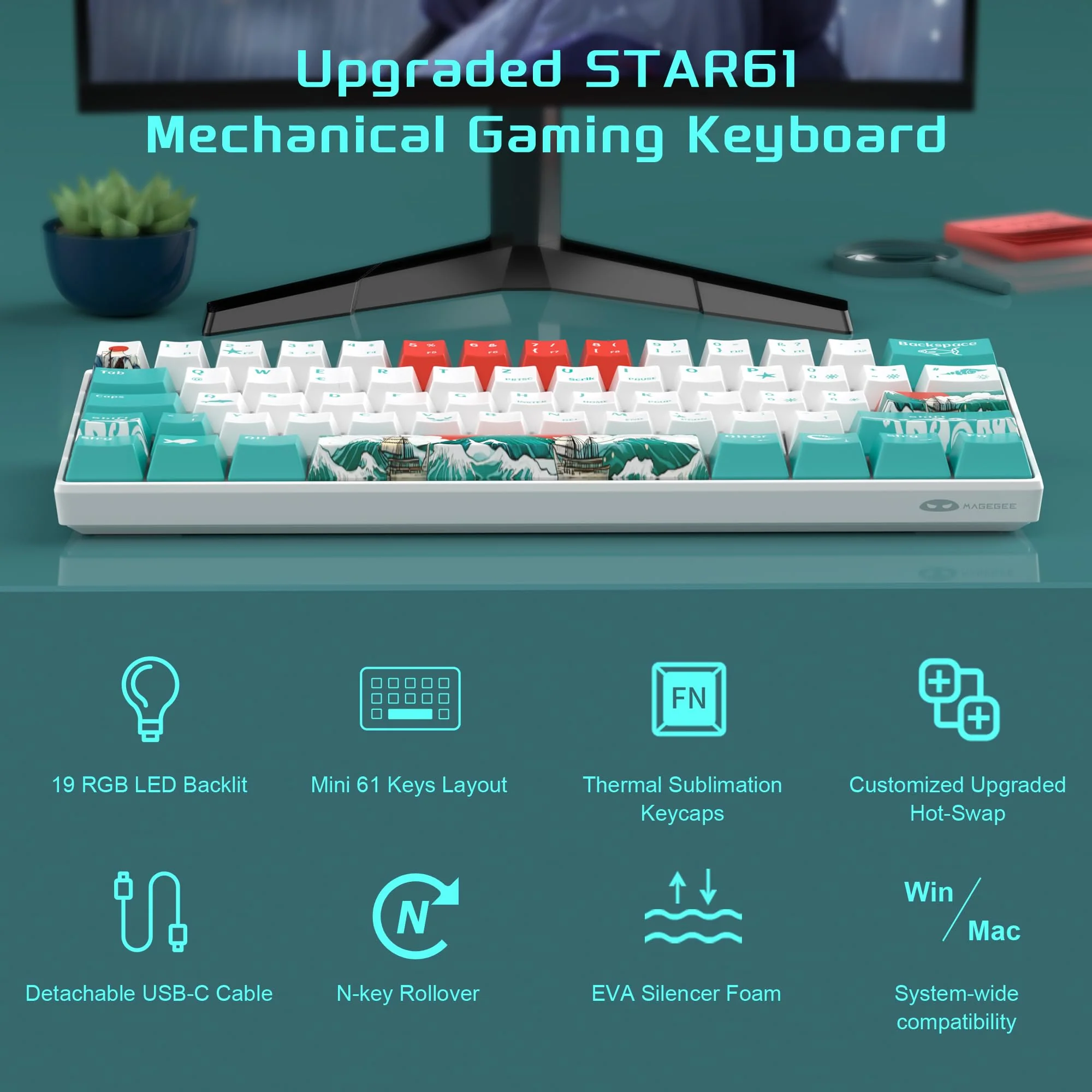 MageGee MK-STAR61 60% Mechanische Tastatur DE Layout, Hot-Swap-fähige kabelgebundene RGB-Gaming-Tastatur mit Farbstoff-Sublimationstastenkappen, vorgeölten Schaltern, Eva-Schaum für Mac/Win (Wellen) - Image 8
