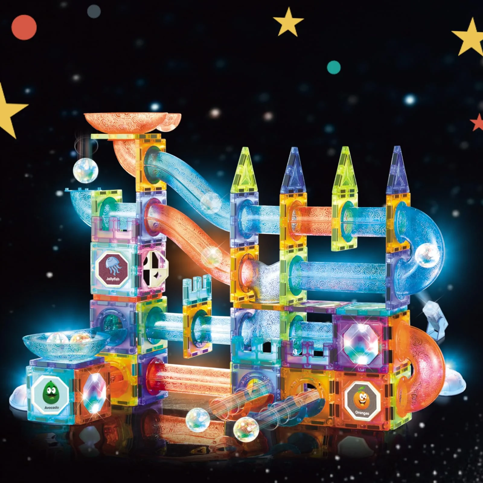 Magnetische Bausteine 144 Teile mit LED-Beleuchtung und Magnetkugelbahn,STEM Montessori-Lernspielzeug für kreatives Bauen,Pädagogisches Kindergeschenk ab 5 Jahren