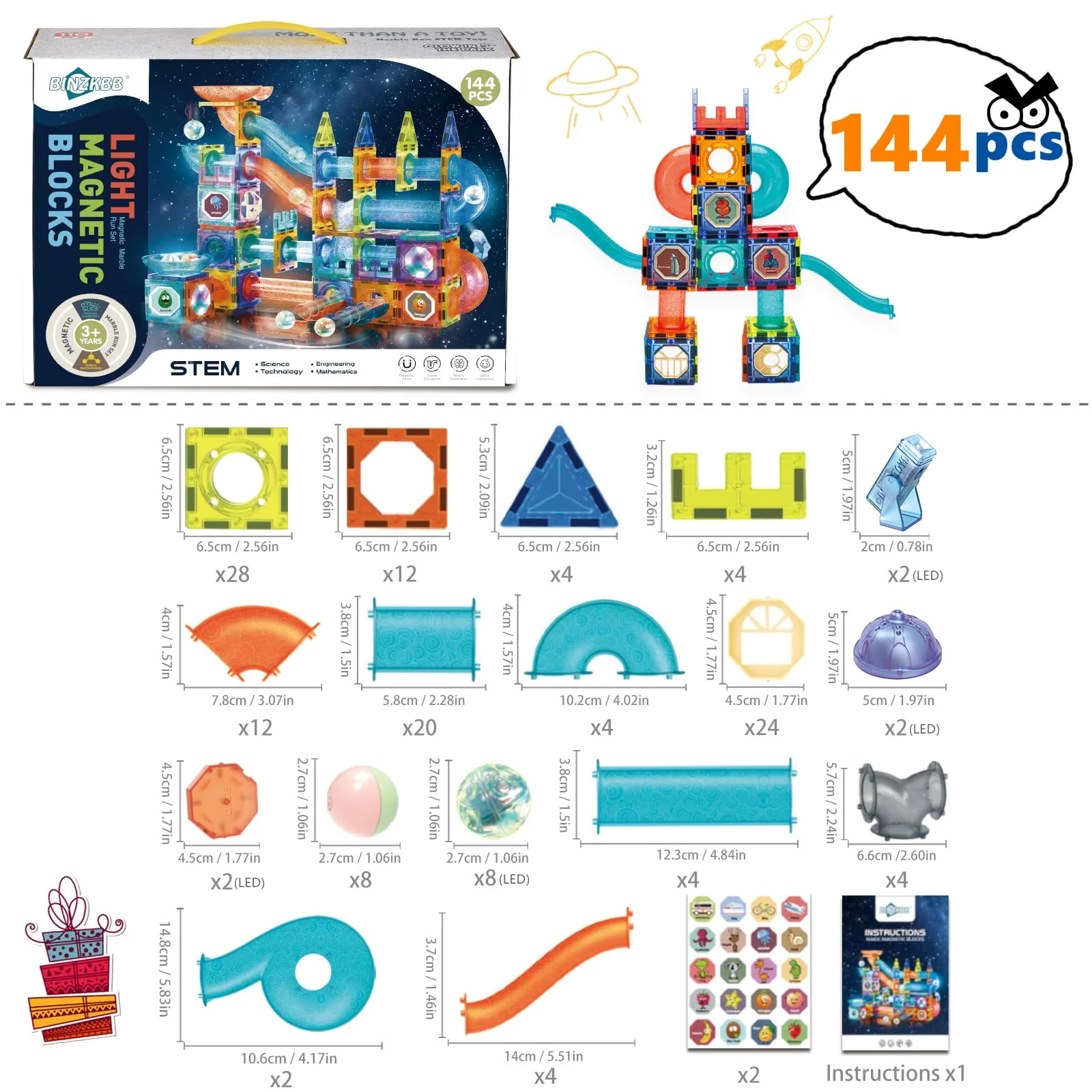 Magnetische Bausteine 144 Teile mit LED-Beleuchtung und Magnetkugelbahn,STEM Montessori-Lernspielzeug für kreatives Bauen,Pädagogisches Kindergeschenk ab 5 Jahren - Image 2