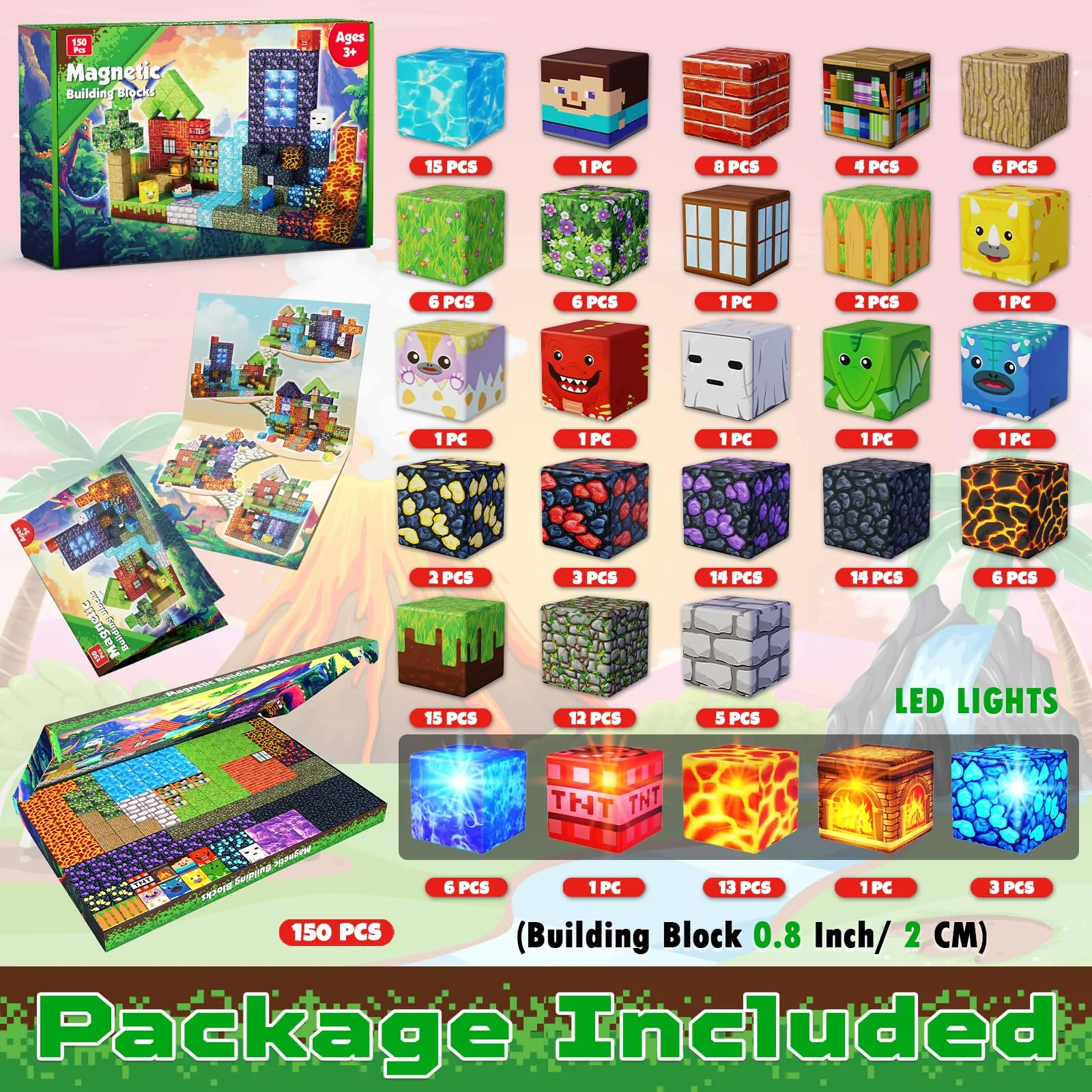 Magnetische Bausteine - 150 Teile Magnetic Blocks - Wald und Dinosaurier - Montessori magnetisches Spielzeug für Kinder ab 3 4 5 6 7 8 9 Jahren, kreative Geschenke für Jungen und Mädchen - Image 6