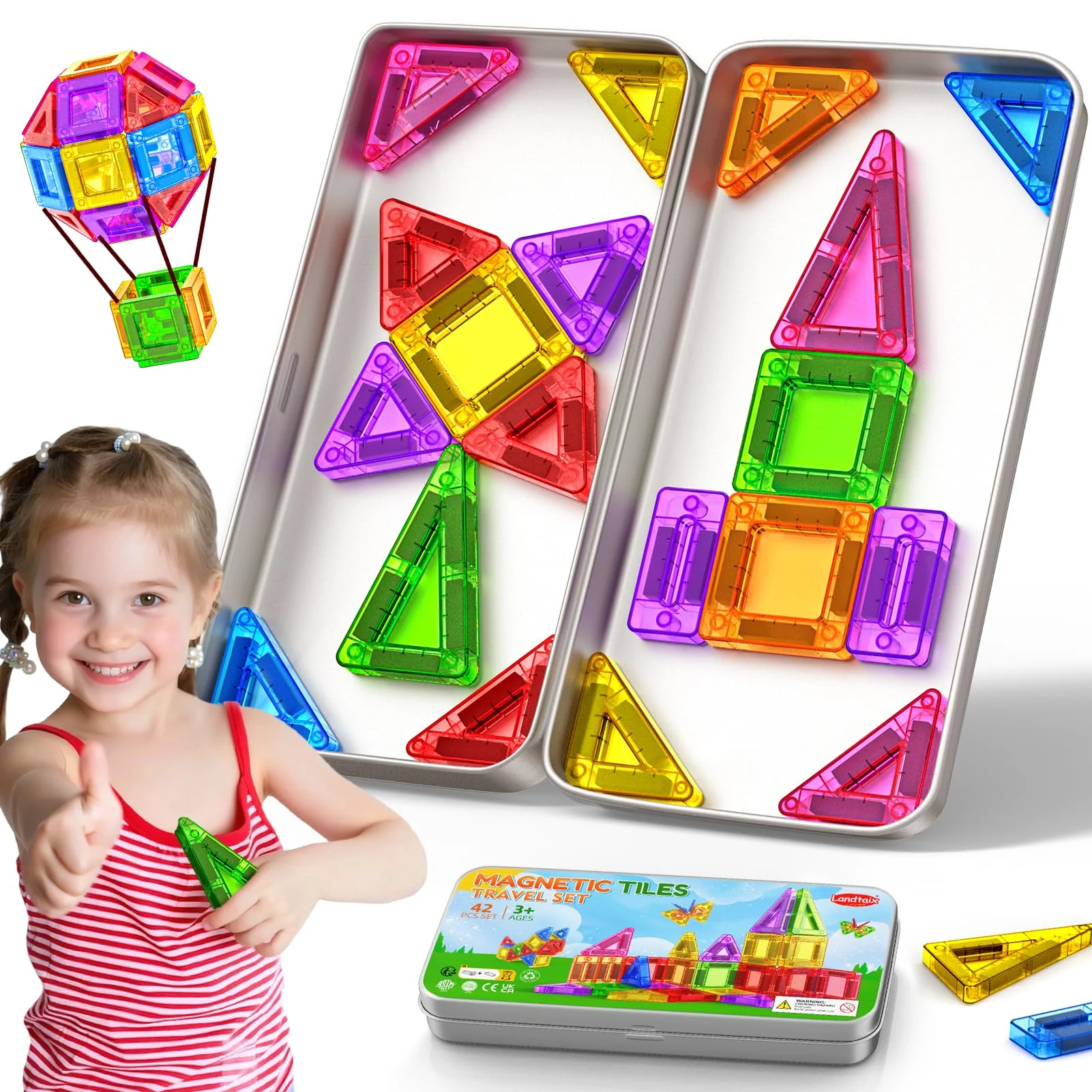 Magnetische Bausteine 42PCS Mini Magnetbausteine Reiseset Magnetspielzeug Montessori Reisespielzeug Magnet Kinder Spiel Bausteine Magnetic Tiles Geschenk Spielzeug ab 3 4 5 6 7+ Jahre Junge Mädchen