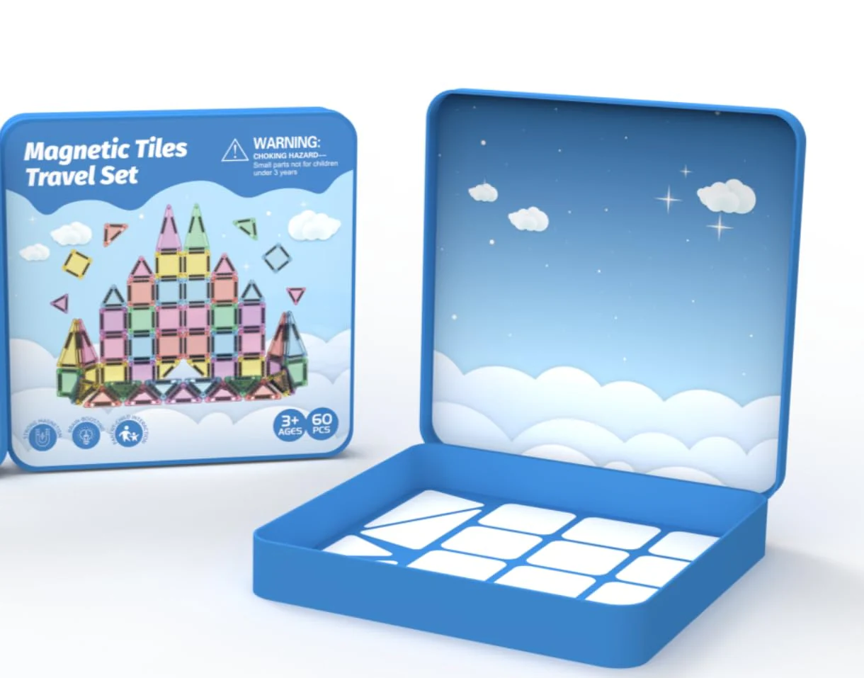 Magnetische Bausteine Reisespielzeug, 60-teiliges Magnetische Tiles Reiseset mit Eisenbox, Kreativität MINI Magnetic Fliesen Sensorisches Spielzeug Geburtstag Geschenk für Kinder 3 4 5 6 Jahren - Image 2