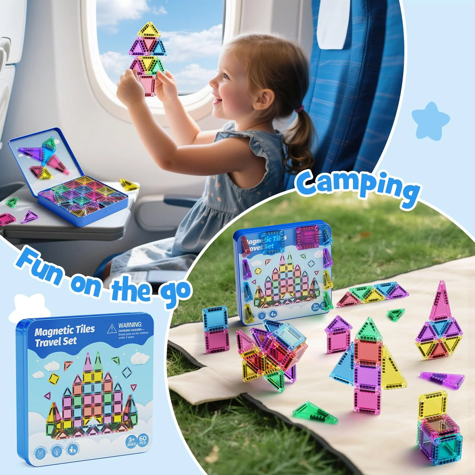 Magnetische Bausteine Reisespielzeug, 60-teiliges Magnetische Tiles Reiseset mit Eisenbox, Kreativität MINI Magnetic Fliesen Sensorisches Spielzeug Geburtstag Geschenk für Kinder 3 4 5 6 Jahren - Image 6