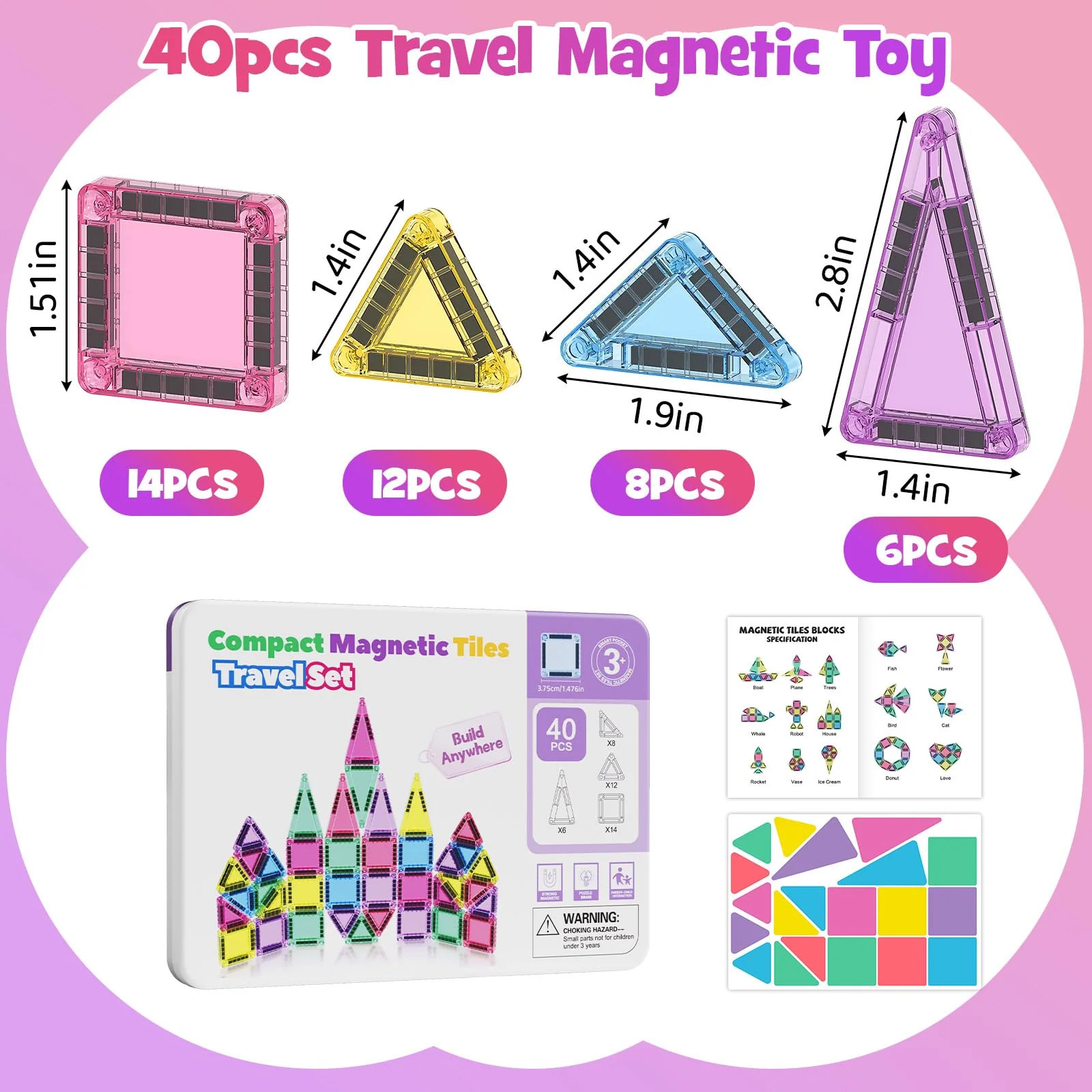 Magnetische Fliesen, 40-teilige Reise Magnetische Bausteine Set, MINI Magnet Fliesen Bauspielzeug mit Ironbox für Alter 3 + Jungen Mädchen, On-The-go Play STEM Montessori Magnetische Spielzeug - Image 2