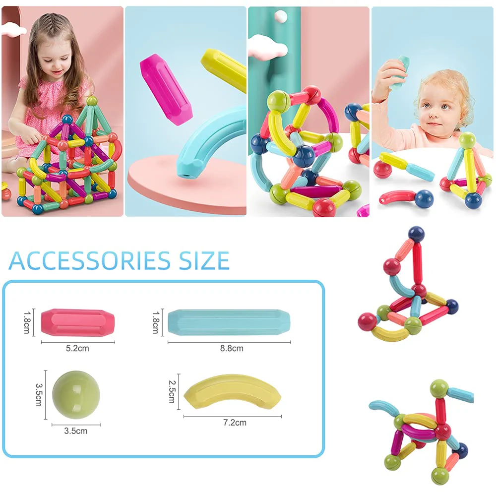 Magnetische und Stangen, 88 Stück magnetische Kugeln, Magnetbaustäbchen-Set, Bausteine, Fliesen, STEM Stapelspielzeug für Kinder ab 3 Jahren (88 Stück) - Image 6