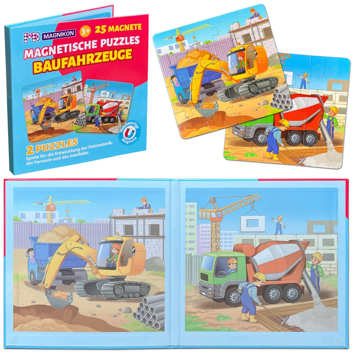 MAGNIKON Magnetpuzzle Baufahrzeuge 25 Teile, Magnet Puzzles ab 2 Jahren, Magnetische Puzzles, Beschäftigung Flugzeug Kinder, Magnetspiel, Reisespiel, Spiele für unterwegs
