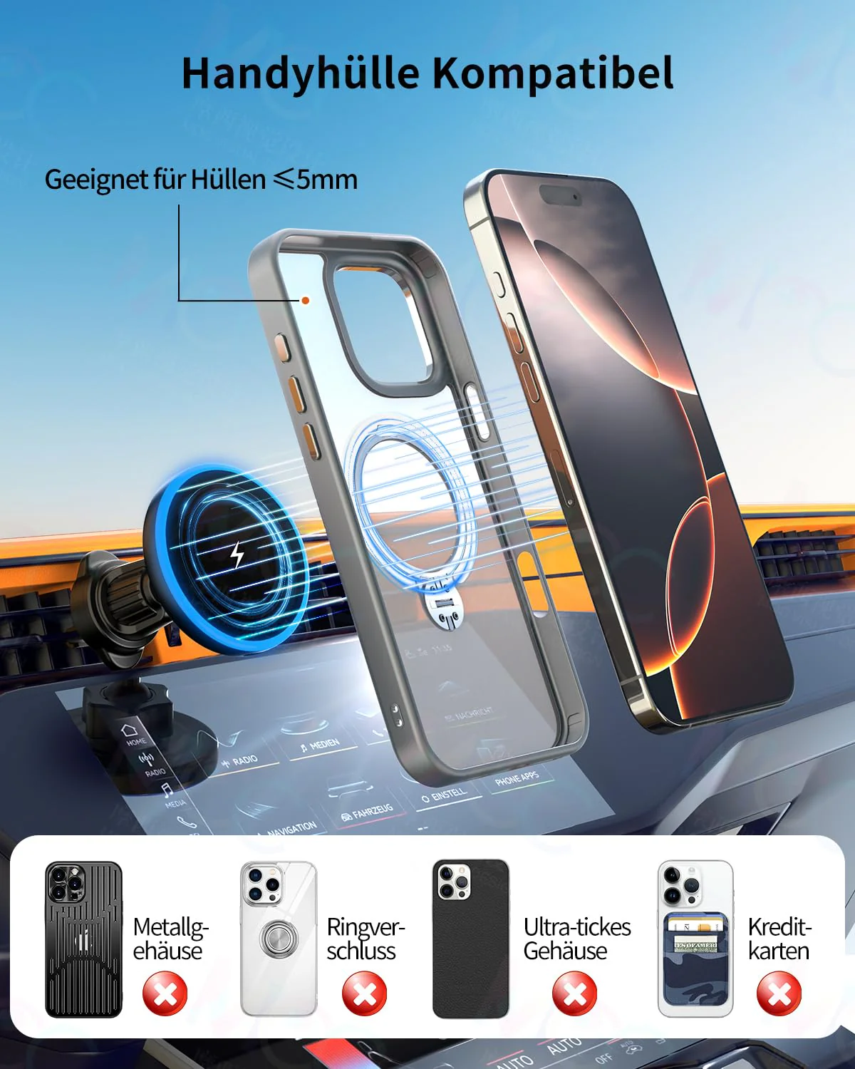 Magsafe Autohalterung, mit Kabellose Kfz-Ladefunktion 15W, handyhalterung auto, 360°,handyhalterung auto magnet, magsafe ladegerät Wireless Charger für iPhone 16 /15 /14 /13 /12 Series, auto zubehör - Image 4