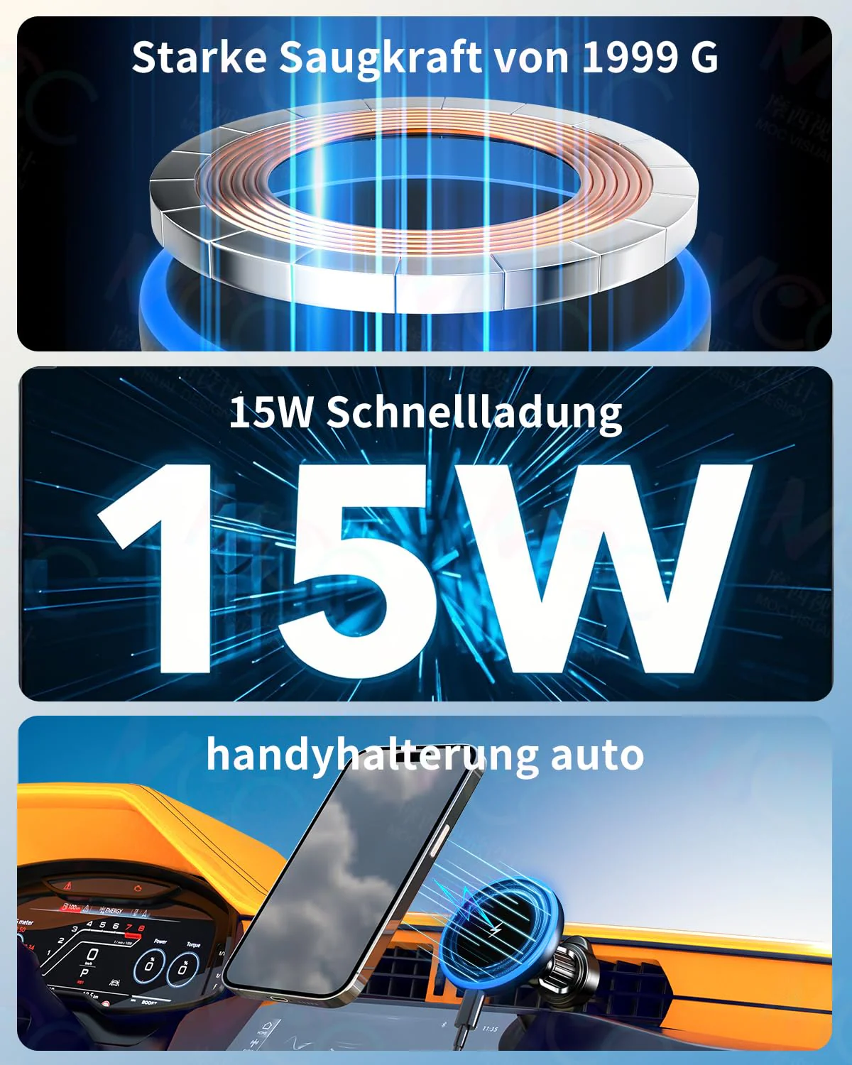 Magsafe Autohalterung, mit Kabellose Kfz-Ladefunktion 15W, handyhalterung auto, 360°,handyhalterung auto magnet, magsafe ladegerät Wireless Charger für iPhone 16 /15 /14 /13 /12 Series, auto zubehör - Image 7