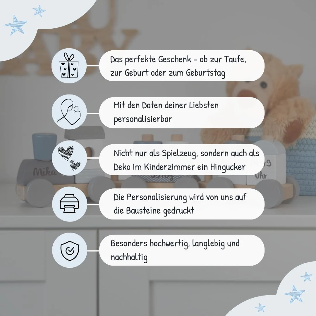Mainely Personalisierbare Holz-Eisenbahn zur Taufe Blau 41×5×11 cm – Erinnerungs-Deko & Holzzug – für Babys & Kleinkinder – mit Namen personalisiert – Label Label - Image 3