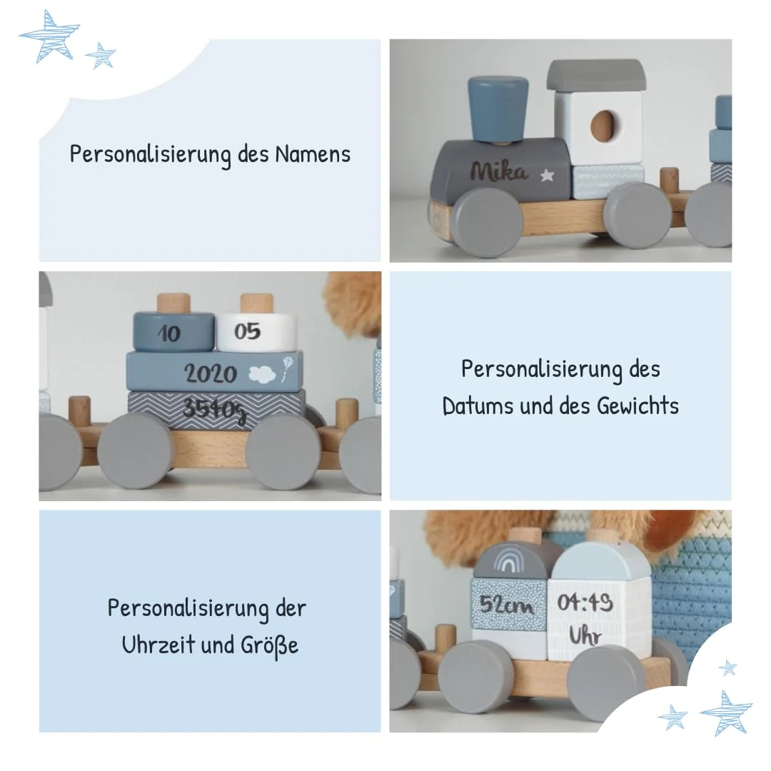 Mainely Personalisierbare Holz-Eisenbahn zur Taufe Blau 41×5×11 cm – Erinnerungs-Deko & Holzzug – für Babys & Kleinkinder – mit Namen personalisiert – Label Label - Image 4