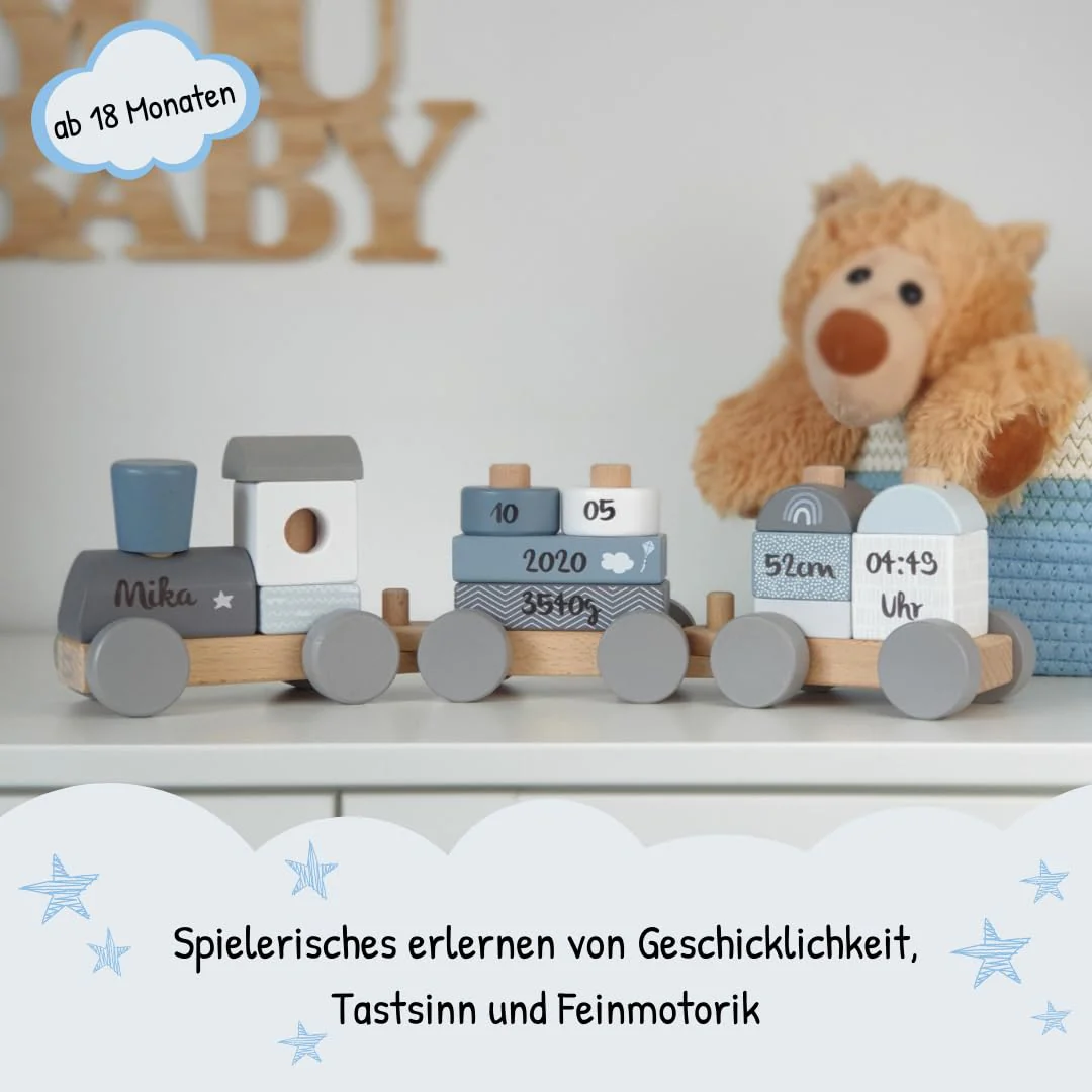 Mainely Personalisierbare Holz-Eisenbahn zur Taufe Blau 41×5×11 cm – Erinnerungs-Deko & Holzzug – für Babys & Kleinkinder – mit Namen personalisiert – Label Label - Image 5