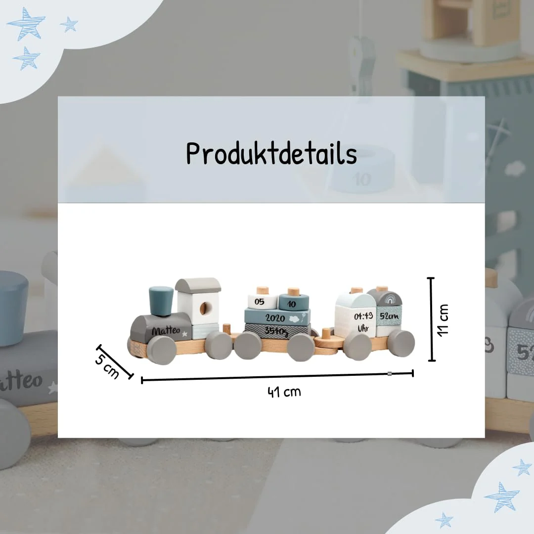Mainely Personalisierbare Holz-Eisenbahn zur Taufe Blau 41×5×11 cm – Erinnerungs-Deko & Holzzug – für Babys & Kleinkinder – mit Namen personalisiert – Label Label - Image 6