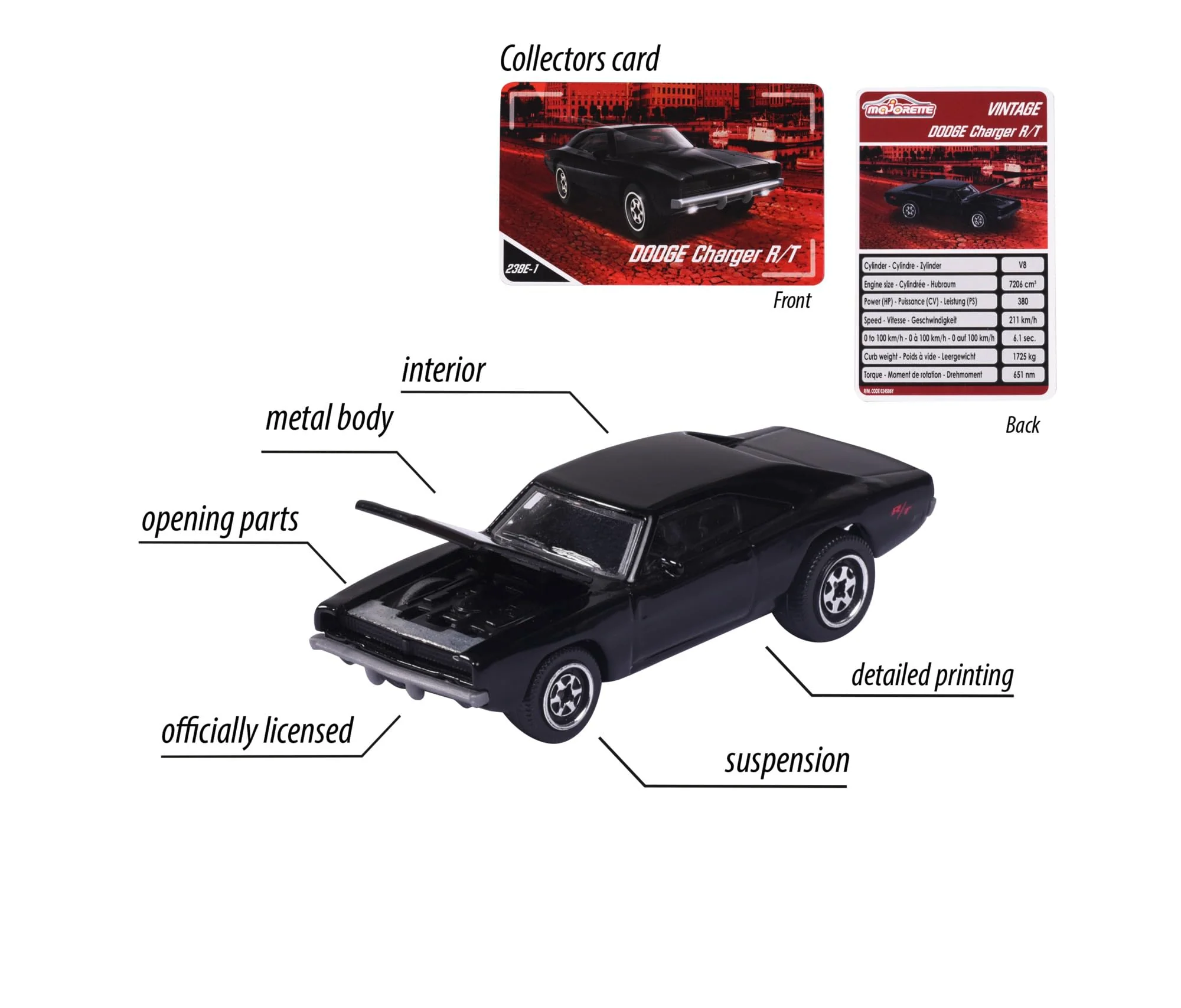 Majorette - Dodge Charger R/T Vintage Auto – Spielzeugauto, Maßstab 1:64 (7,5 cm), mit Sammelkarte, Modellauto für Kinder ab 3 Jahren, Durchsichtig - Image 5